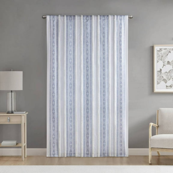 MAYEERTY 50x95" Poly Printed Curtain Panel - Tufted Stripe Lining, White/Navy