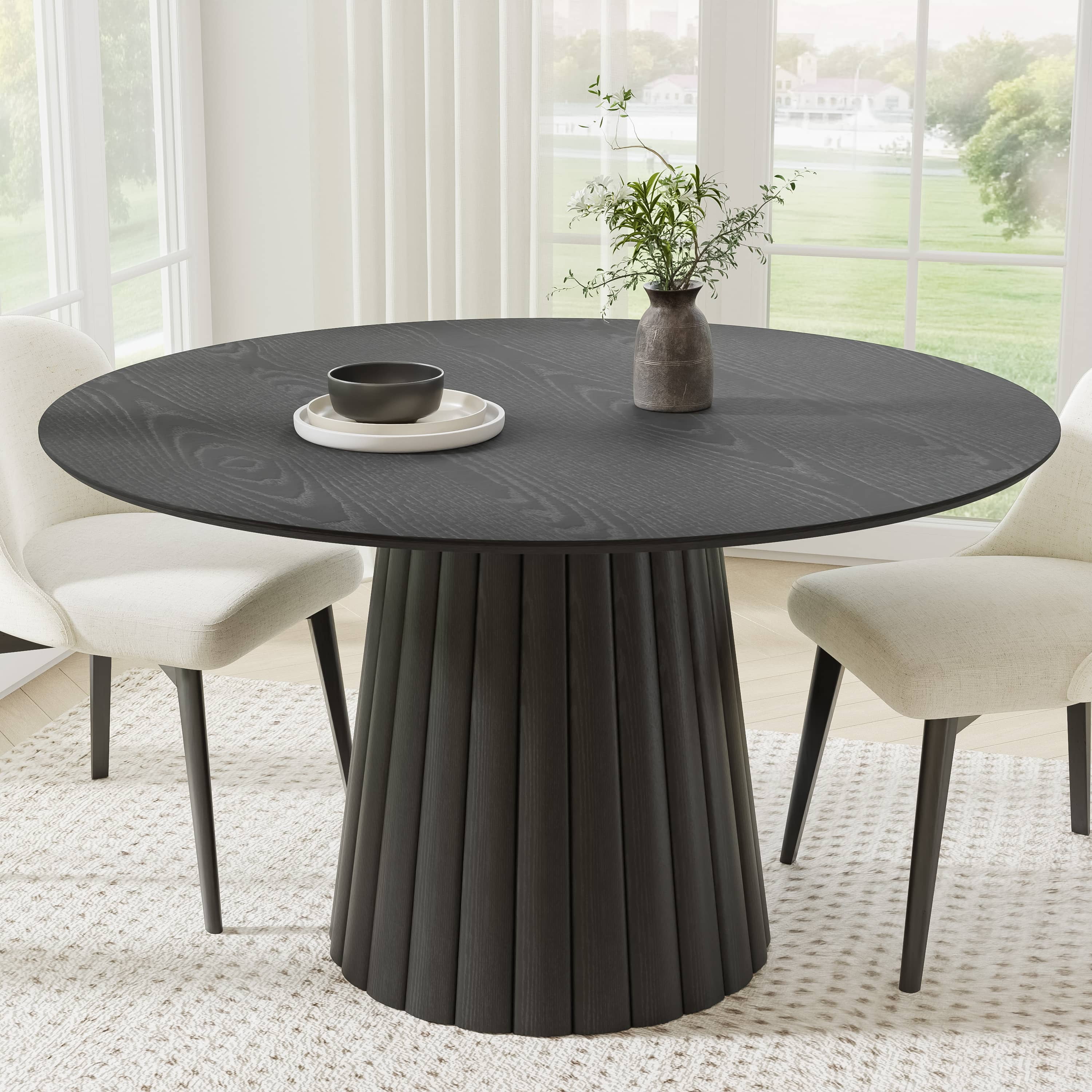 MAYEERTY 52" Mid-Century Wooden Round Dining Table for Dining Room Kitchen, Black