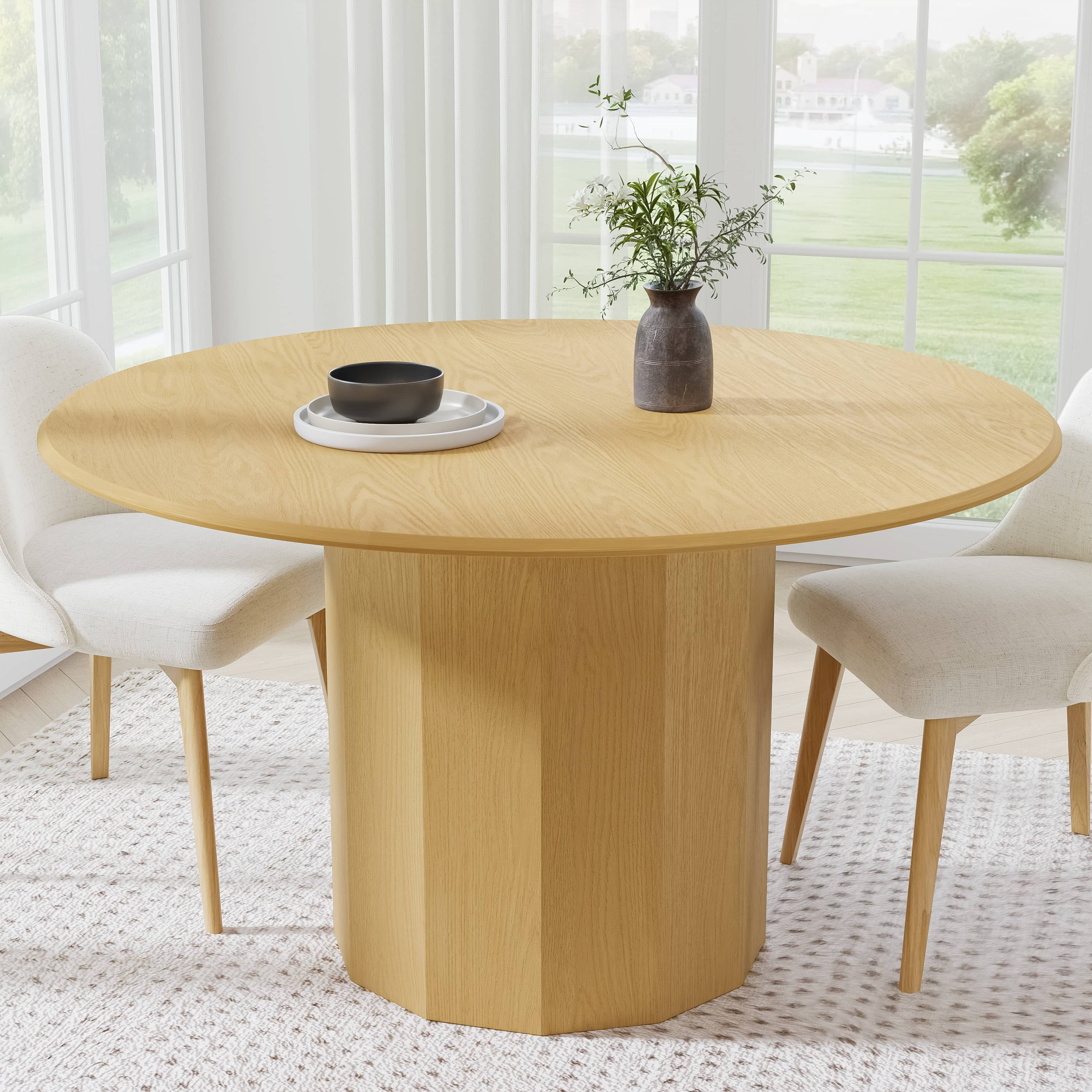 MAYEERTY 52" Mid-Century Wooden Round Dining Table, for Dining Room Kitchen, Natural Wood