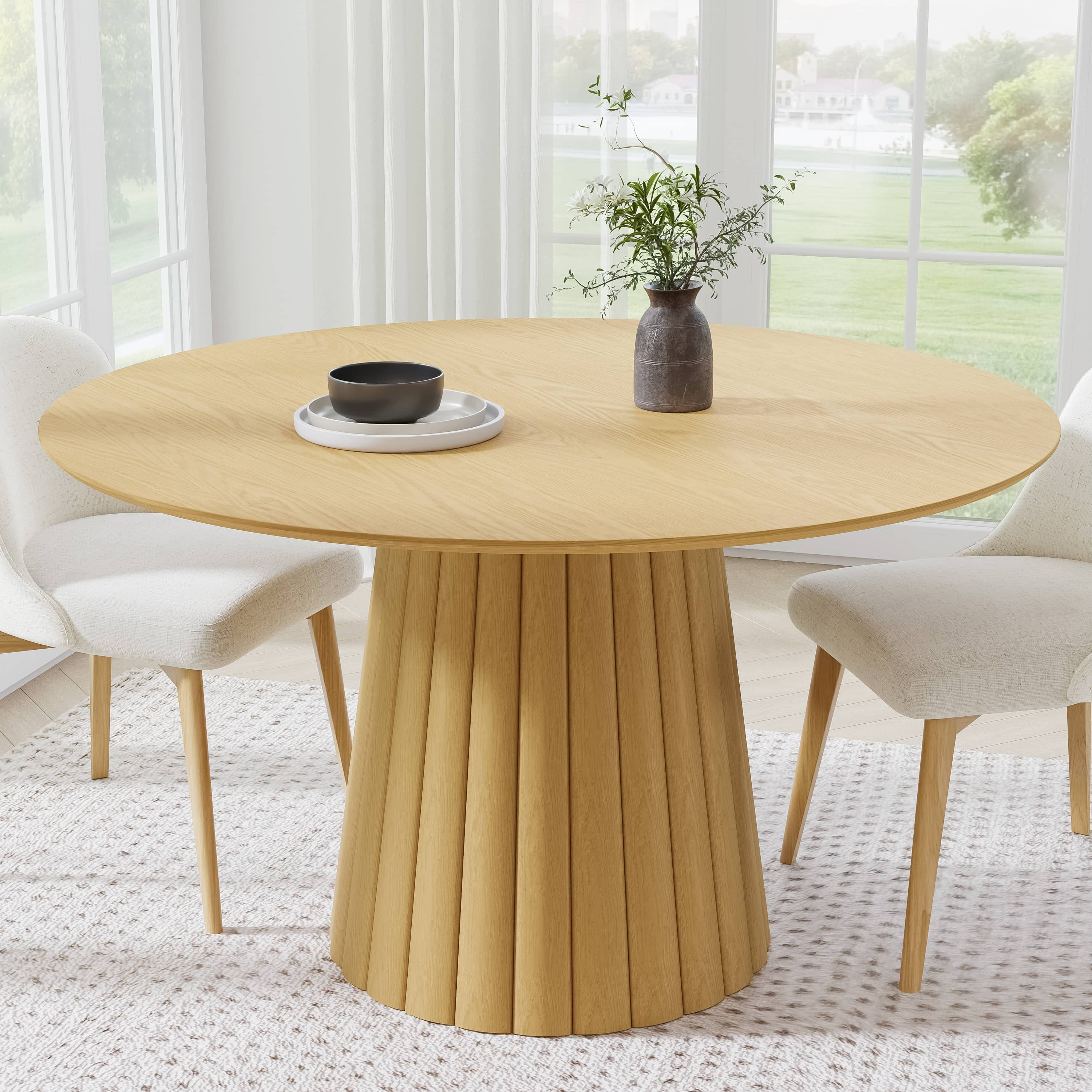 MAYEERTY 52" Mid-Century Wooden Round Dining Table for Dining Room Kitchen, Natural Wood