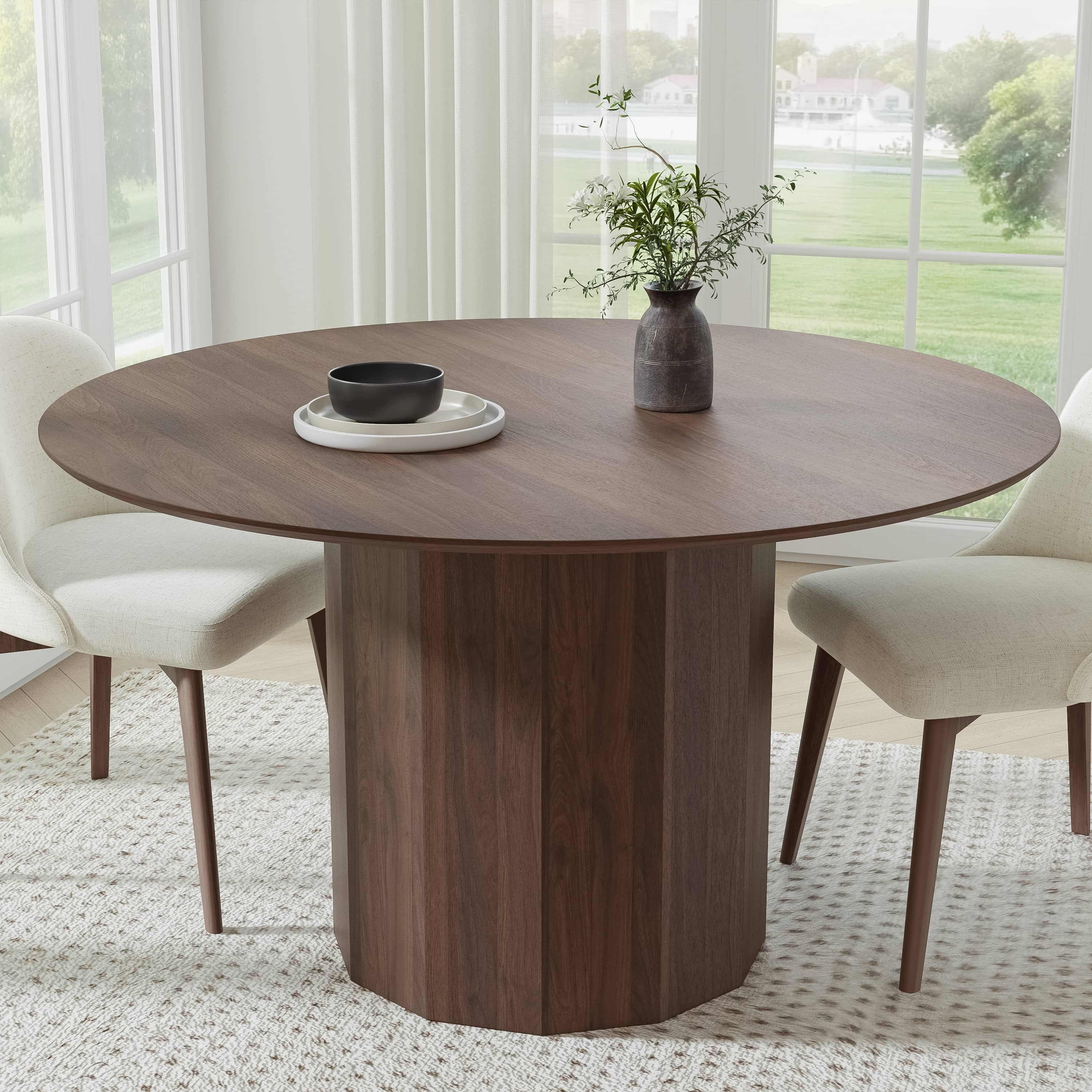 MAYEERTY 52" Mid-Century Wooden Round Dining Table for Dining Room Kitchen, Walnut