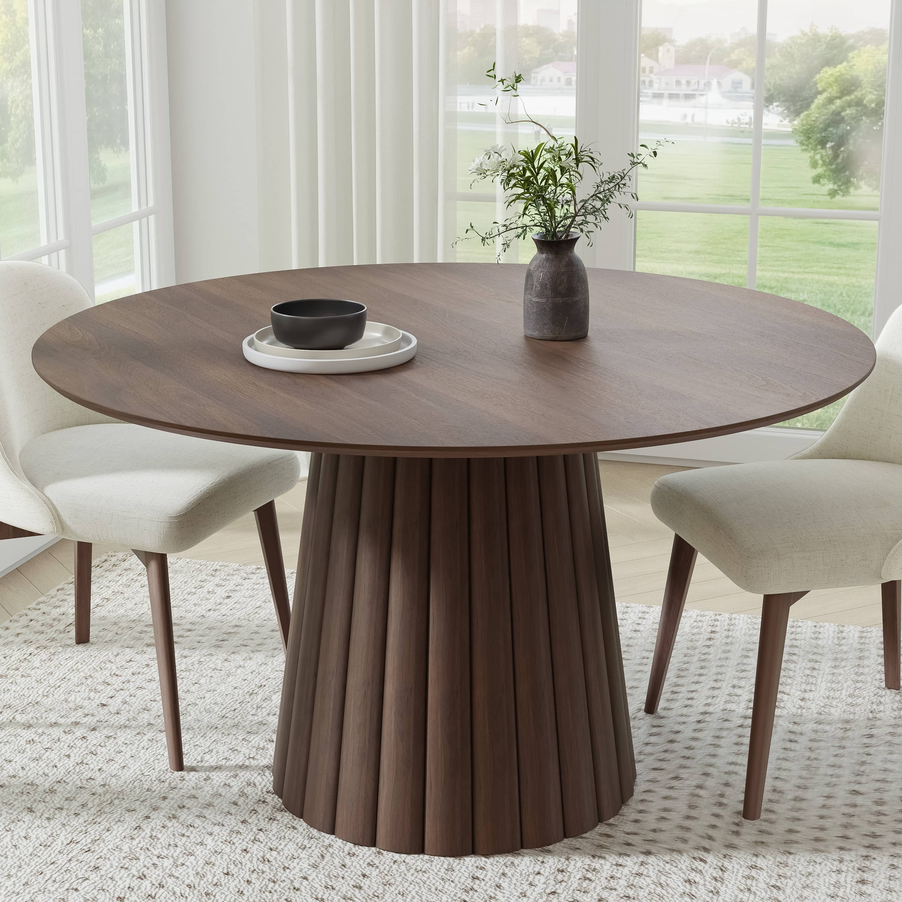 MAYEERTY 52" Mid-Century Wooden Round Dining Table for Dining Room Kitchen, Walnut