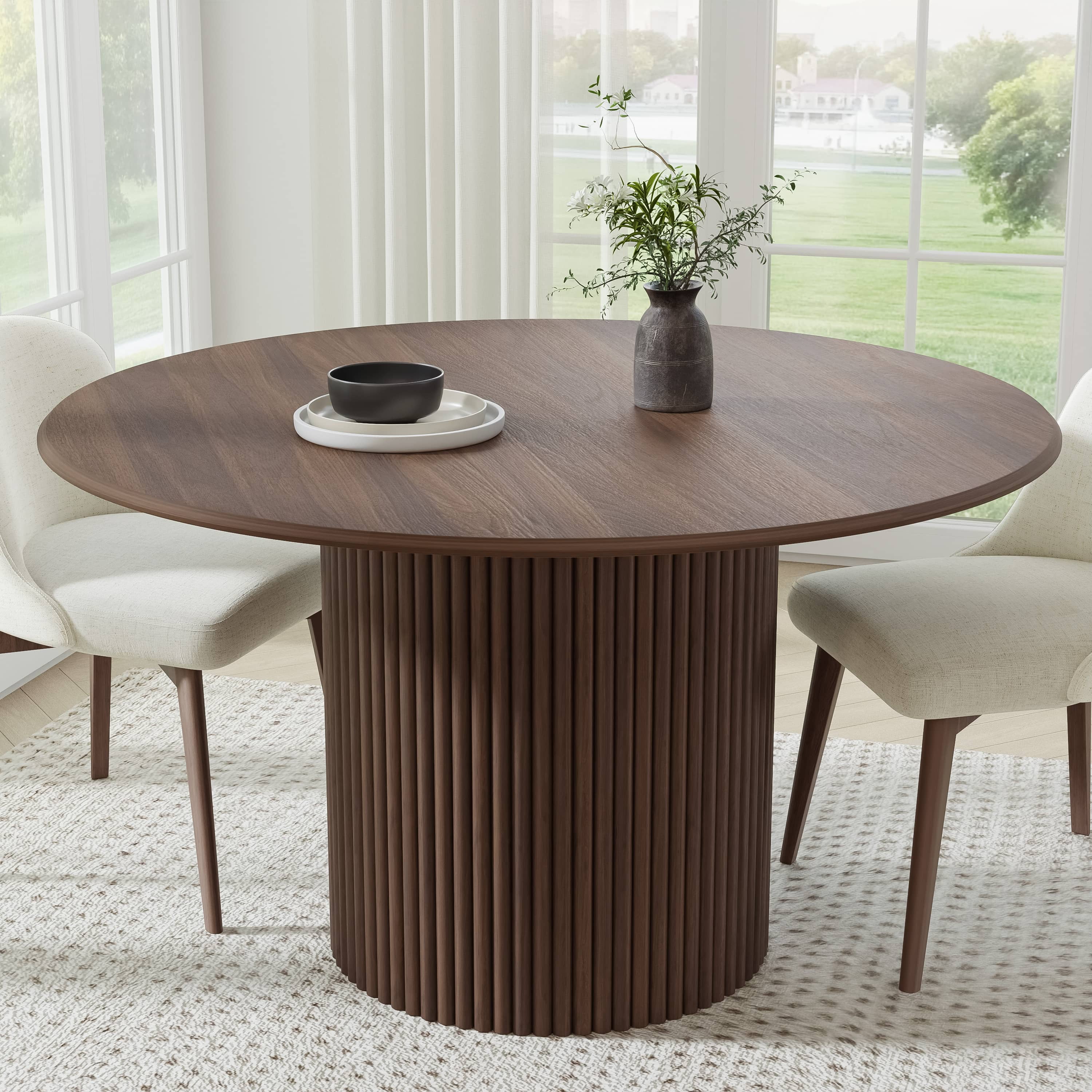 MAYEERTY 52" Wooden Round Rustic Dining Table for Dining Room Kitchen, Walnut