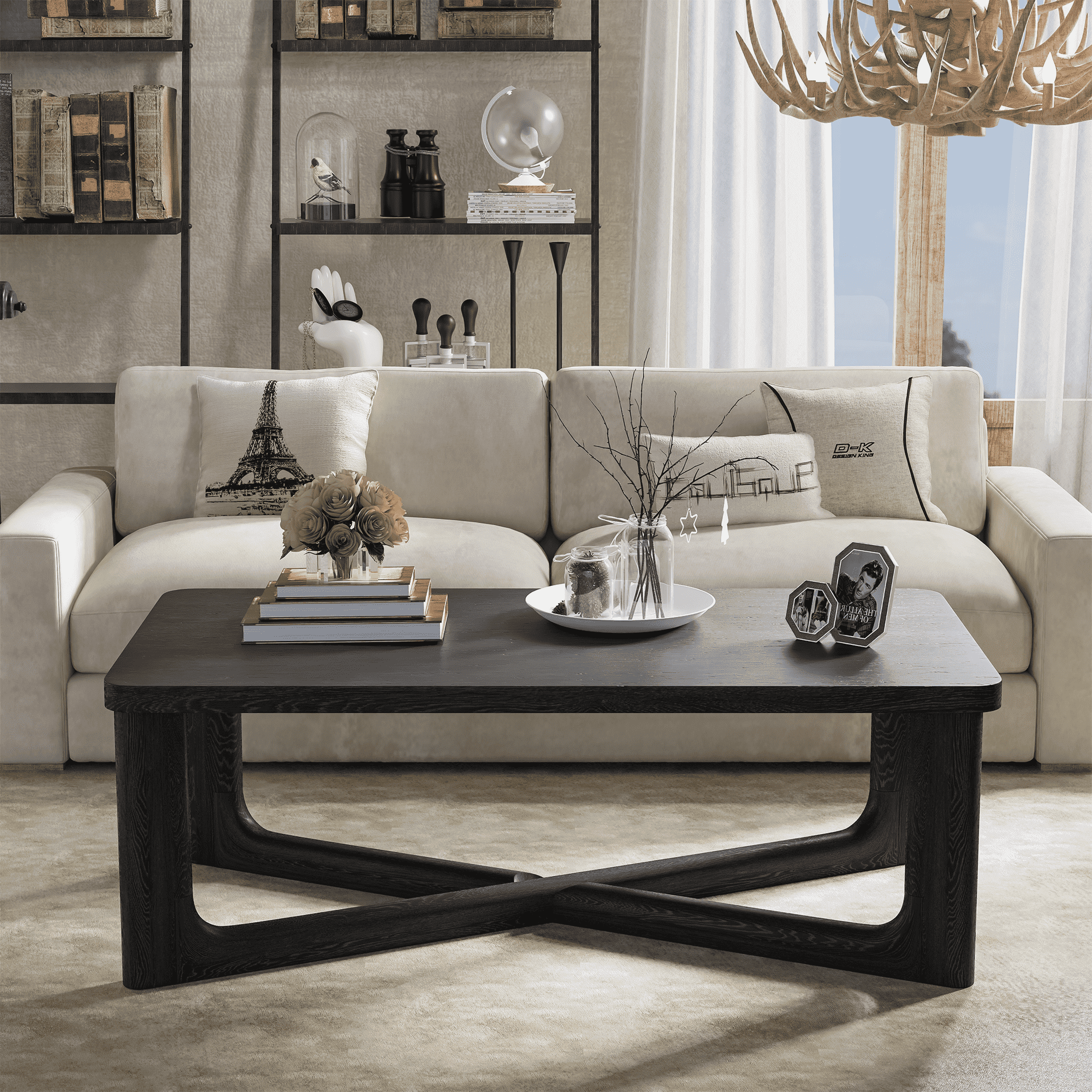 MAYEERTY 55” Rectangular Wood Coffee Table with Storage for Living Room, Black