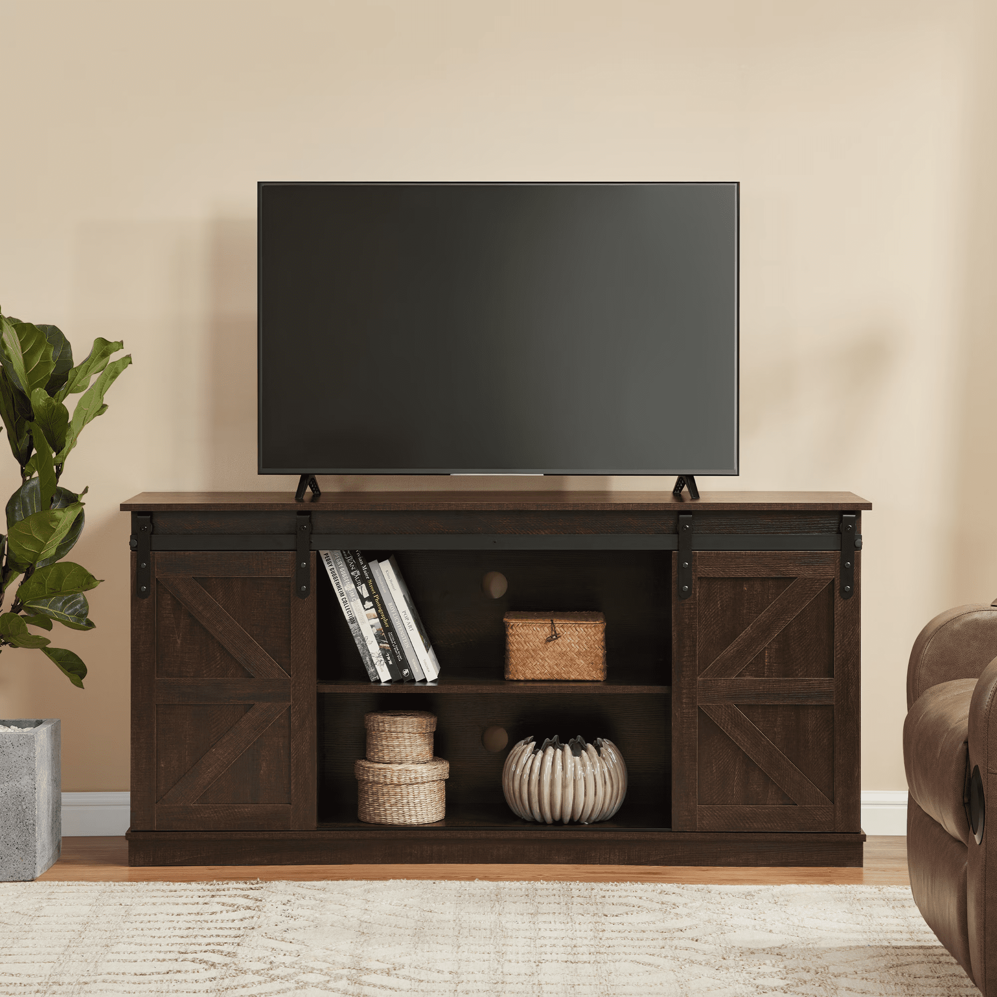 MAYEERTY 58" Farmhouse TV Stand with Sliding Barn Doors, Storage Cabinets for TVs Up to 65", Brown