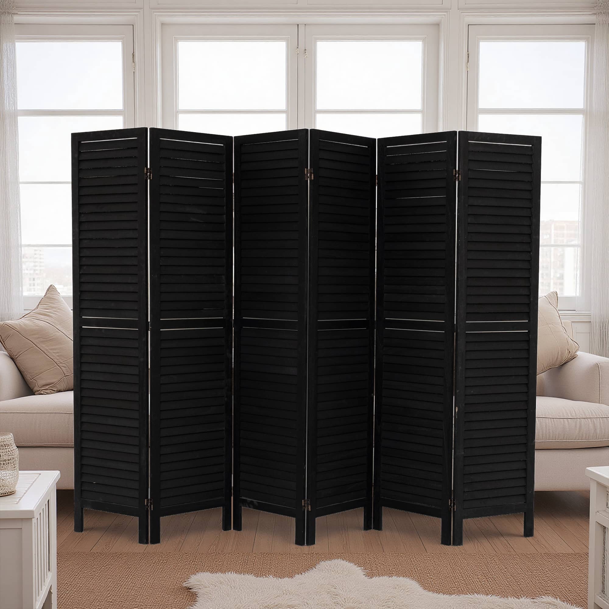 MAYEERTY 6 Panel Room Divider, 5.6Ft, Freestanding Louvered Folding Privacy Screen, Black
