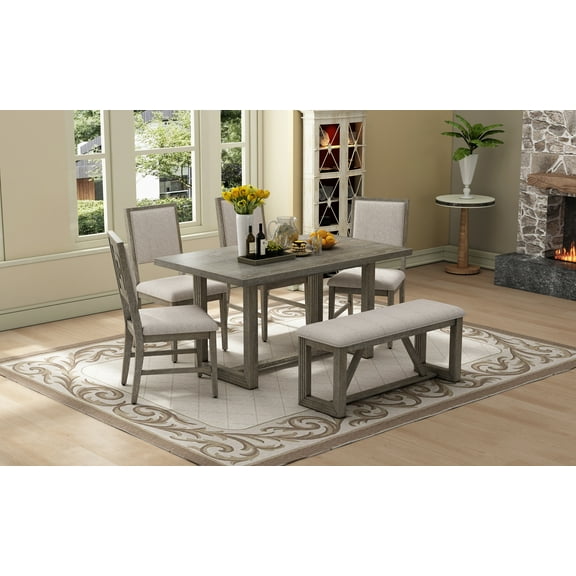 MAYEERTY 6-Piece Retro Dining Table Set for 6, 60" Wood Kitchen Table and Chairs Set of 4 with Bench Designed Trestle Base for kitchen & Dining Room (Gray)