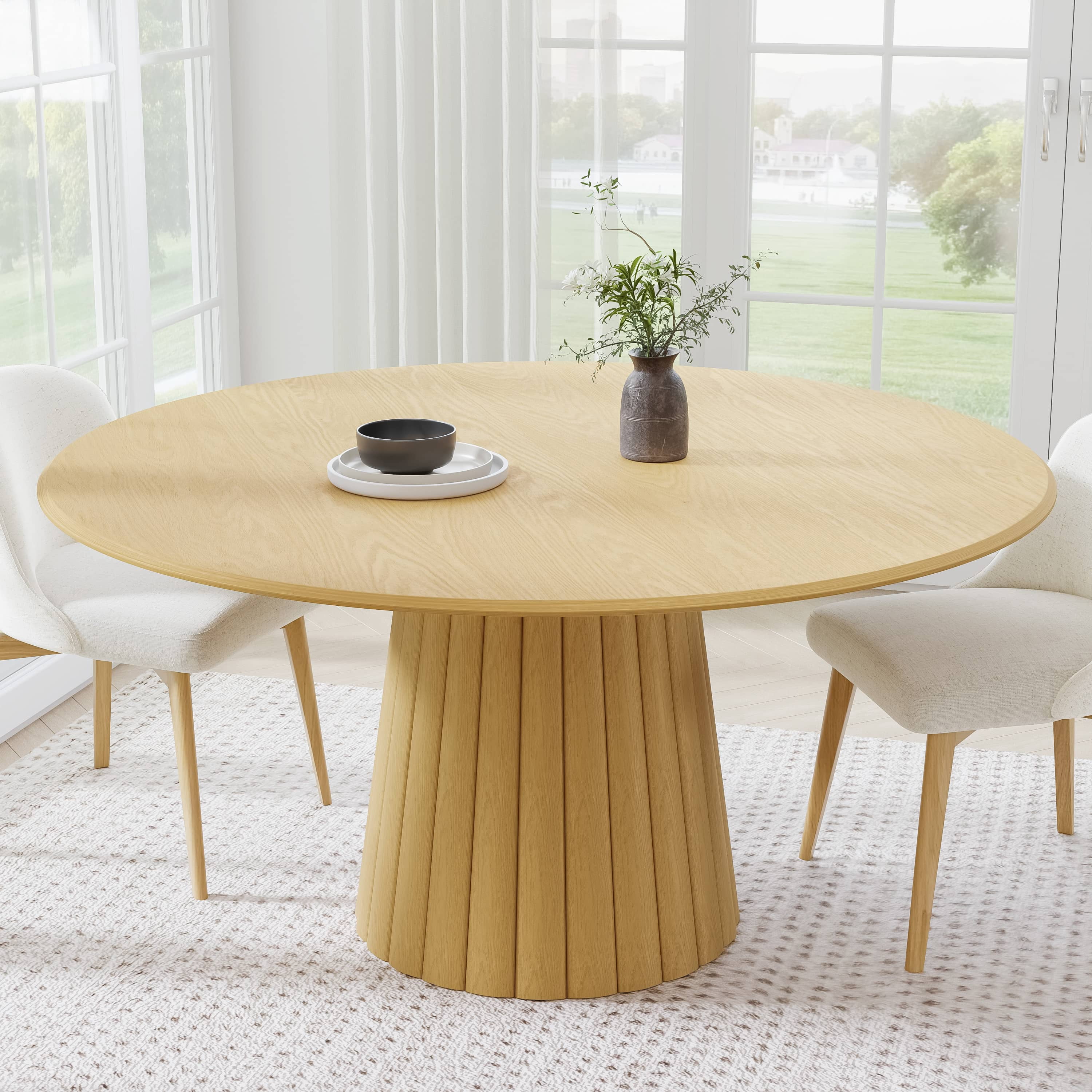 MAYEERTY 60" Round Dining Tables, Mid-Century Dining Table for Dining Room Kitchen, Natural Wood