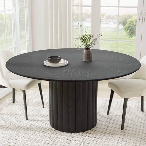 MAYEERTY 60" Wooden Round Table for 4,Mid-Century Kitchen Table for Dining Room Kitchen,Black