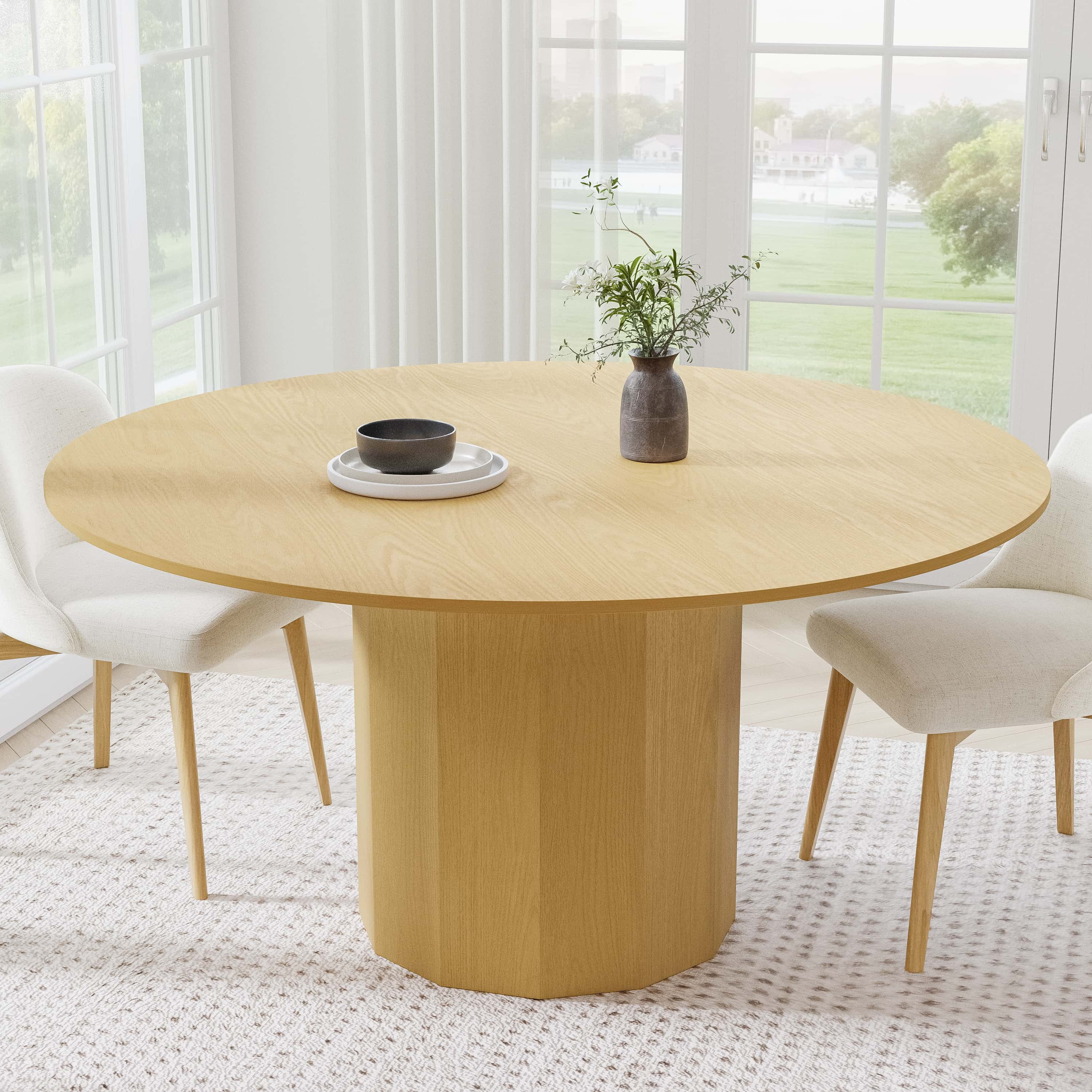 MAYEERTY 60 in. Soild Wood Natural Oak Dining Table Round Kitchen Table