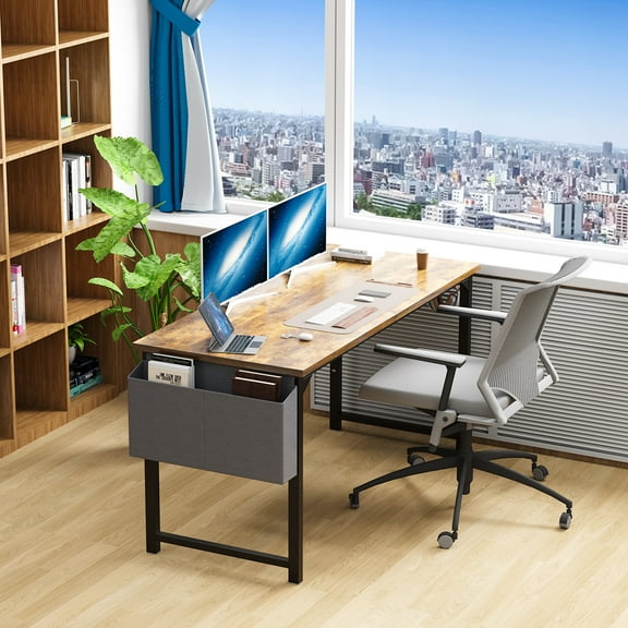 Dovelina 63 Inch Writing Desk with Fabric Drawers & Storage Bag, Modern Home Office Desk,Rustic