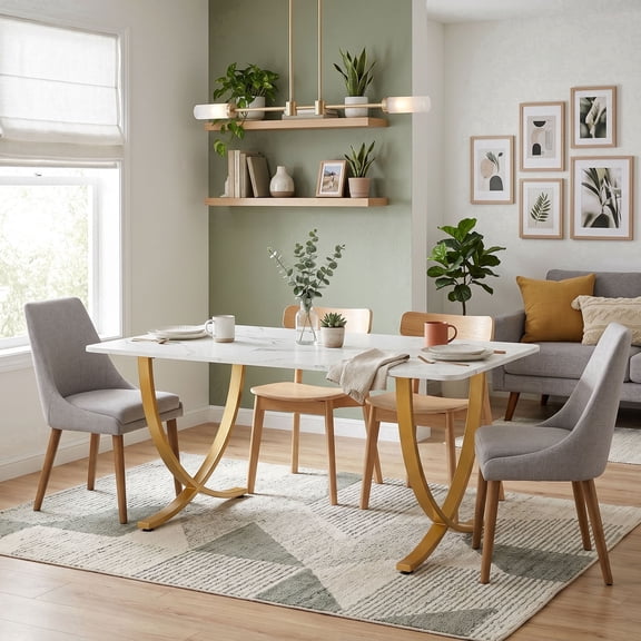 Dovelina 63" Modern Dining Table for 4-6, Waterproof Kitchen Table with Faux Marble Top, for Home Dining Room, Kitchen, Living Room