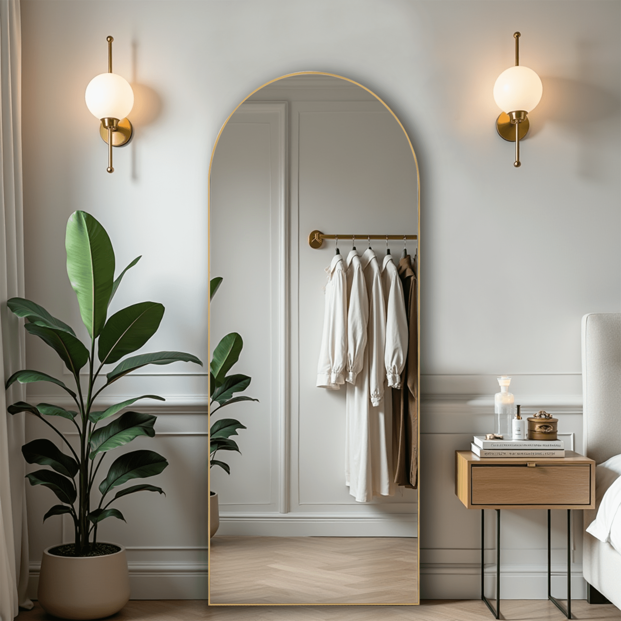 MAYEERTY 64in Arched Full Length Mirror Standing Floor Mirror Full Body Mirror with Bracket, Aluminum Alloy, Gold