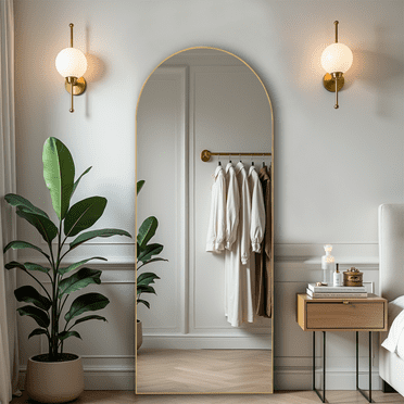 MAYEERTY 64in Arched Full Length Mirror Standing Floor Mirror Full Body Mirror with Bracket, Aluminum Alloy, Gold