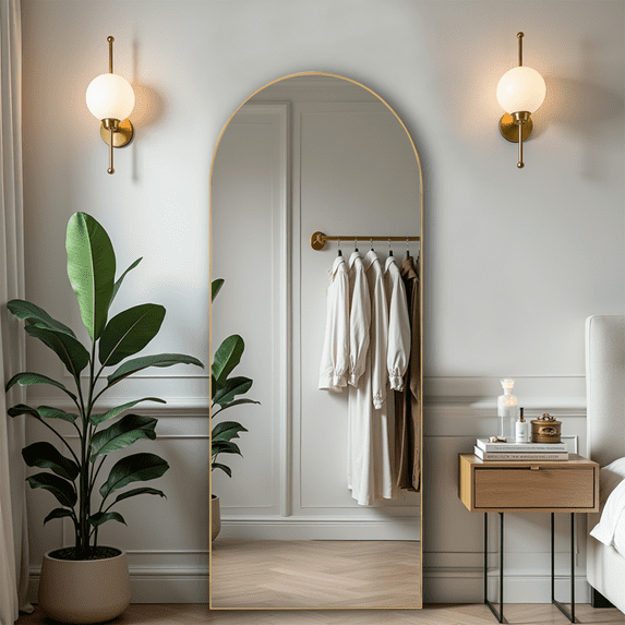 MAYEERTY 64in Arched Full Length Mirror Standing Floor Mirror Full Body Mirror with Bracket, Aluminum Alloy, Gold