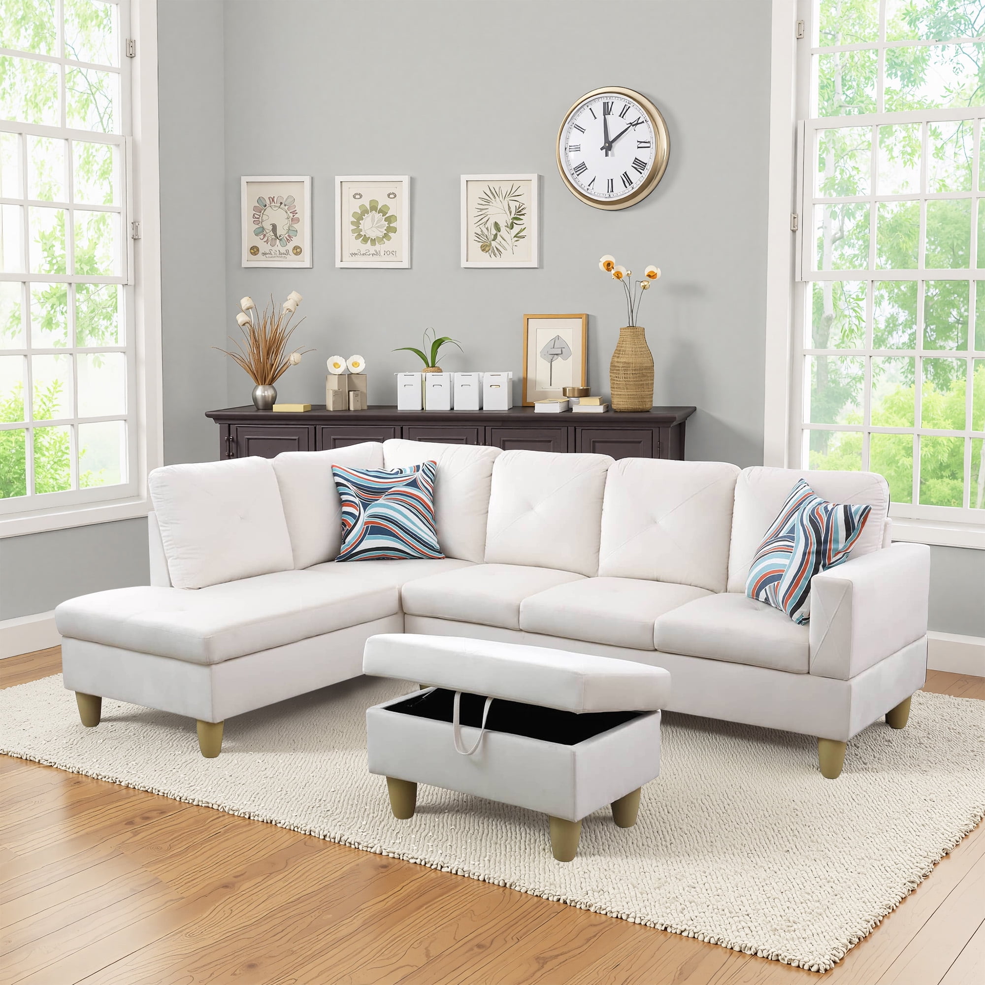 MAYEERTY 66.5" White Microfiber 3-Piece Living Room Sofa Set