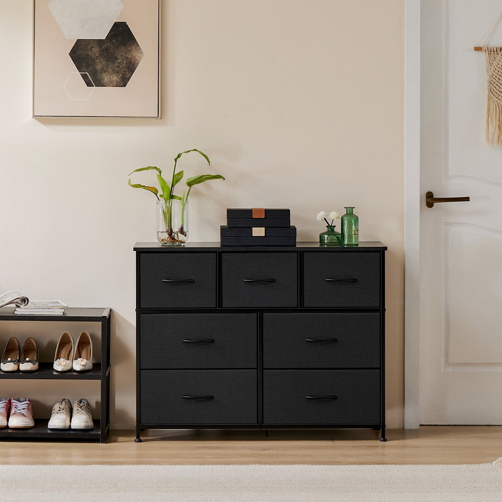 MAYEERTY 7-Drawer Fabric Storage Tower, Versatile Organizer with Wood Top for Bedroom, Living Room, Black