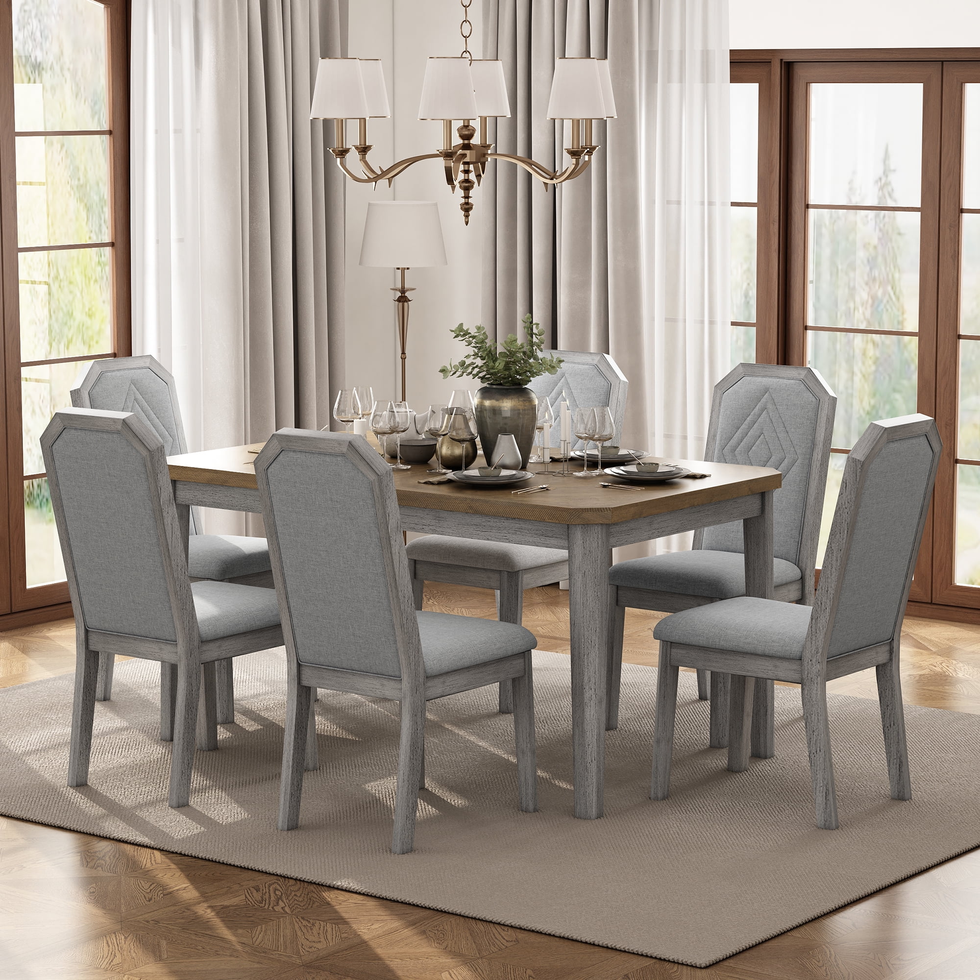 Dovelina 7-Piece Farmhouse Dining Set Classic Rustic Table and 6 high ...