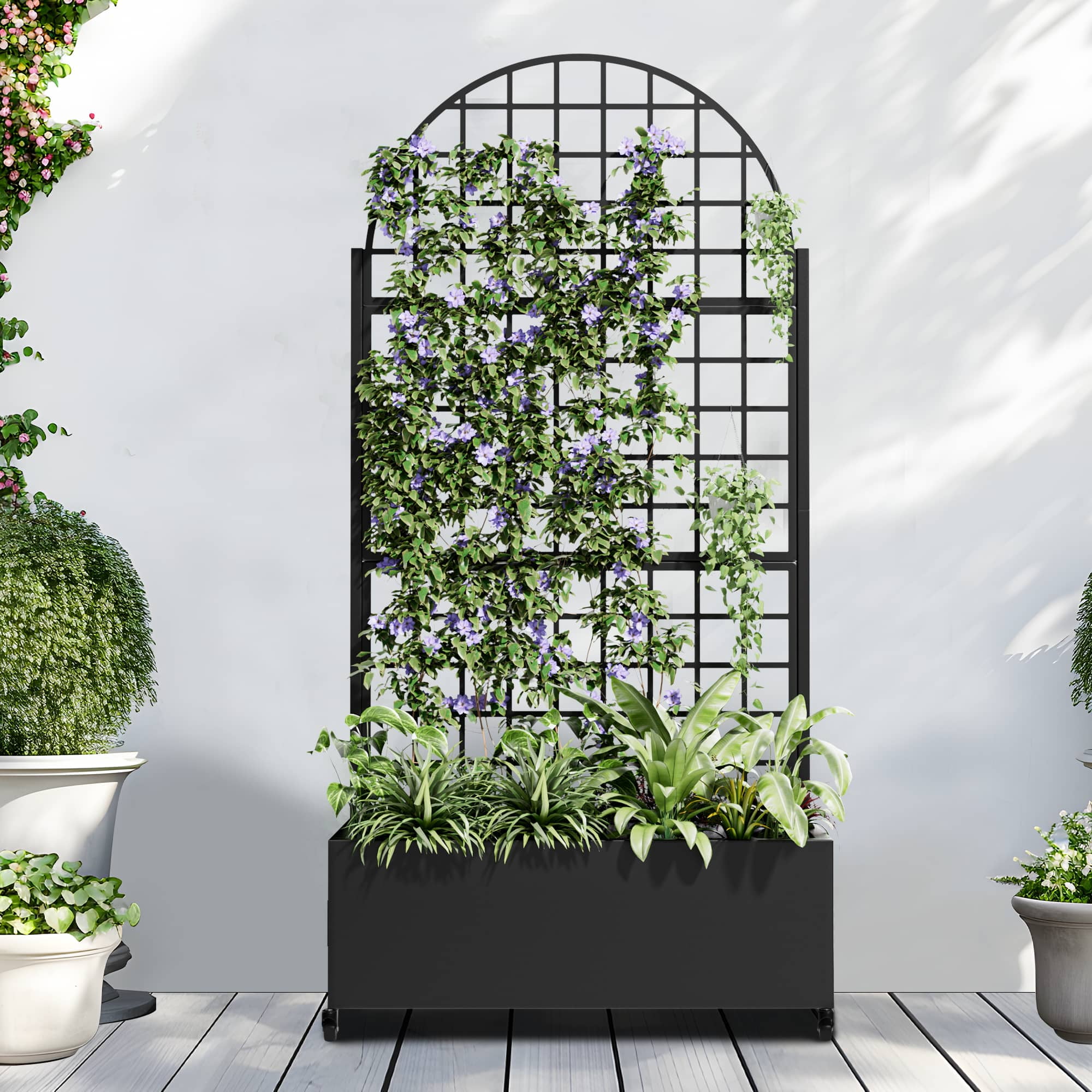 MAYEERTY 71" x 35" Metal Raised Garden Bed with Trellis Planter Box for Climbing Plants, Black