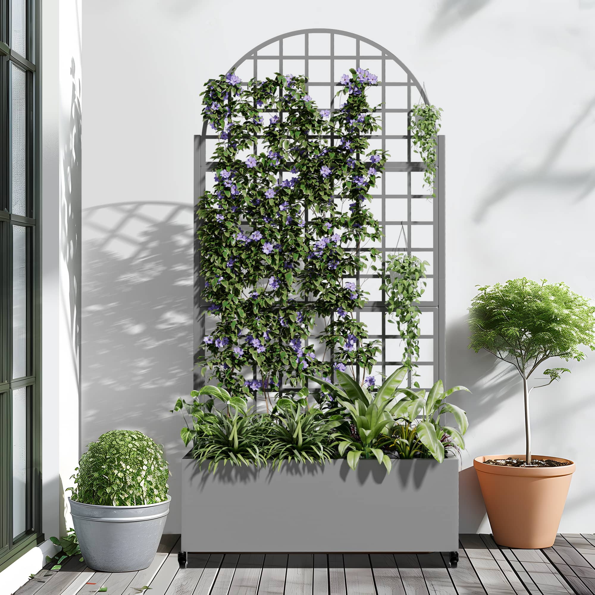 MAYEERTY 71" x 35" Metal Raised Garden Bed with Trellis Planter Box for Climbing Plants, Gray