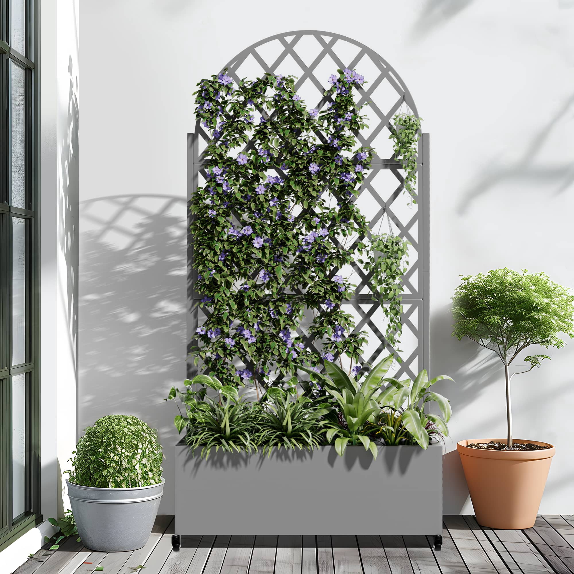 MAYEERTY 71" x 35" Outdoor Metal Raised Garden Bed with Trellis Planter Box for Climbing Plants, Gray
