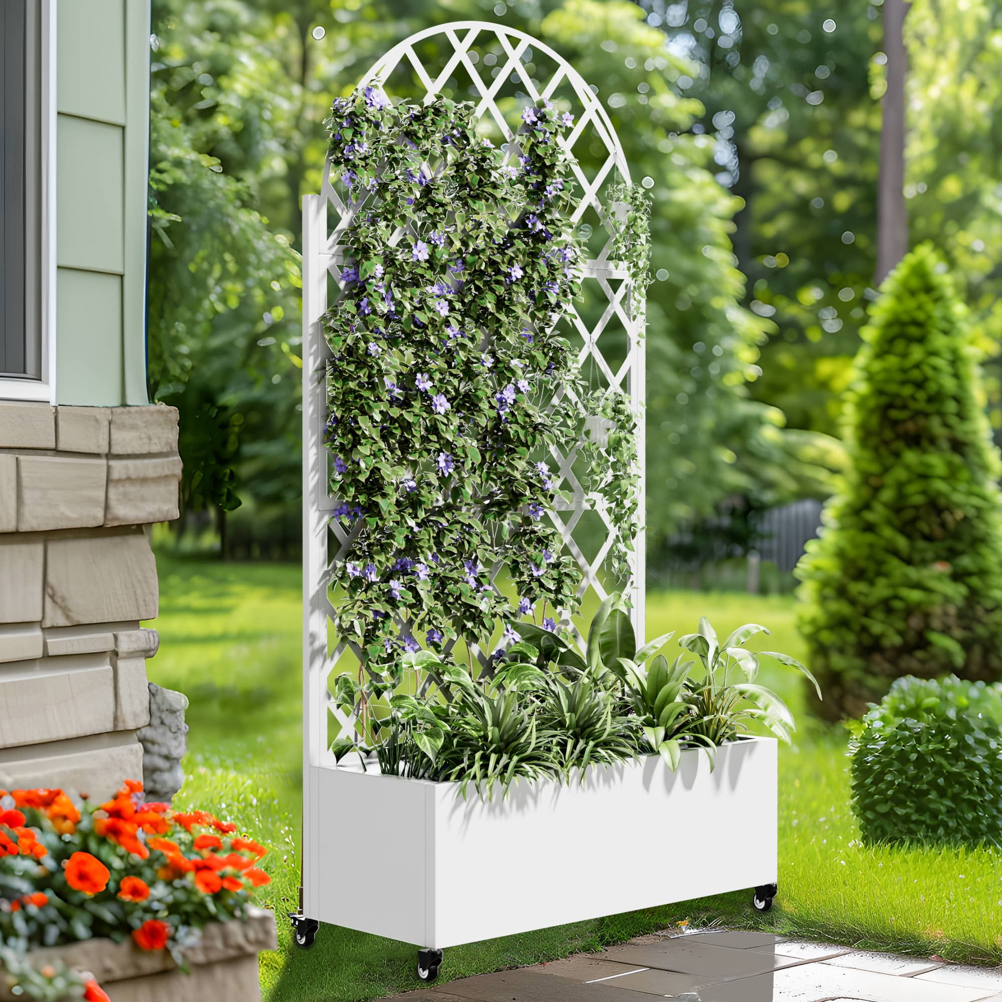 MAYEERTY 71" x 35" Metal Raised Garden Bed with Trellis Planter Box for Climbing Plants, White