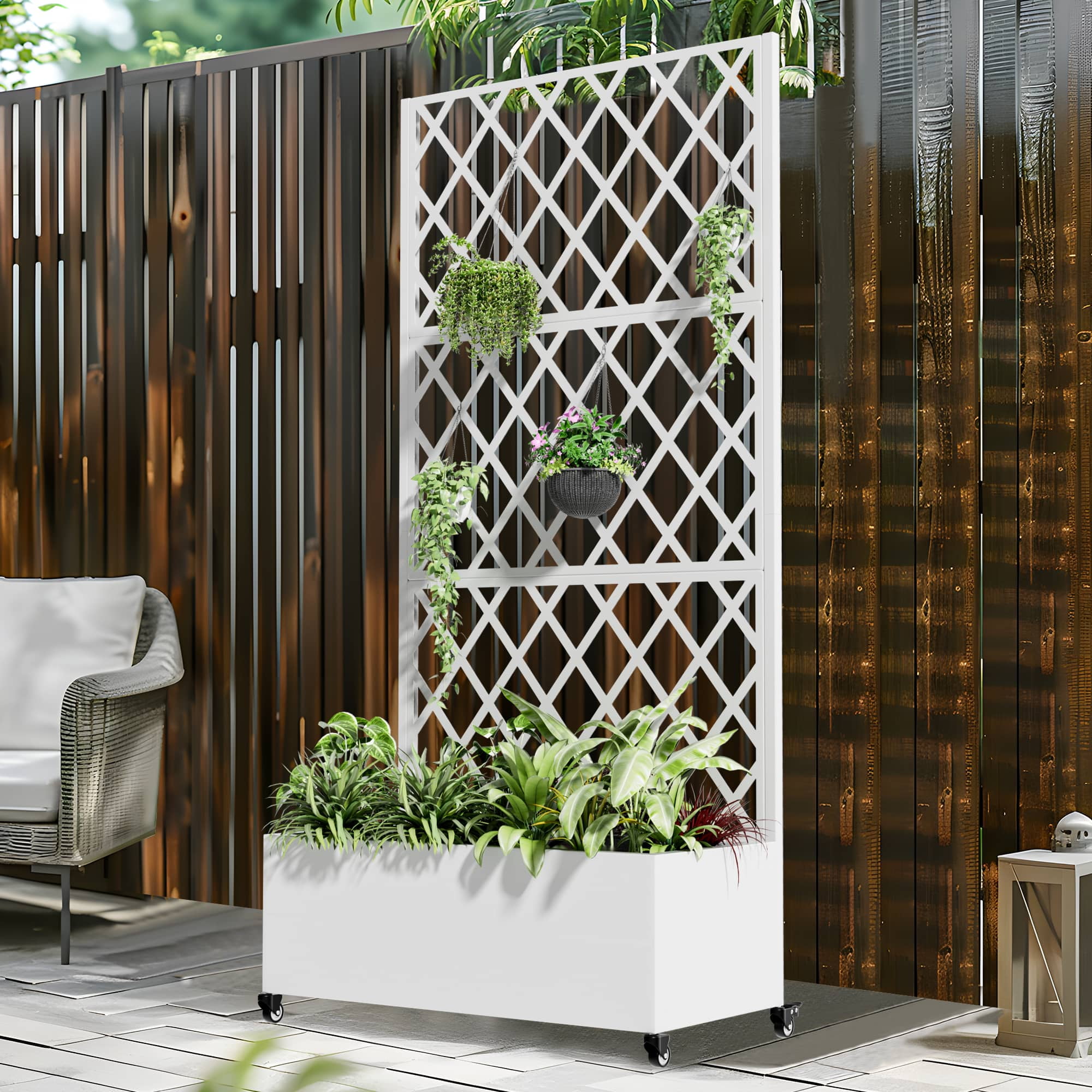 MAYEERTY 71" x 35" Metal Raised Garden Bed with Trellis Planter Box for Climbing Plants, White