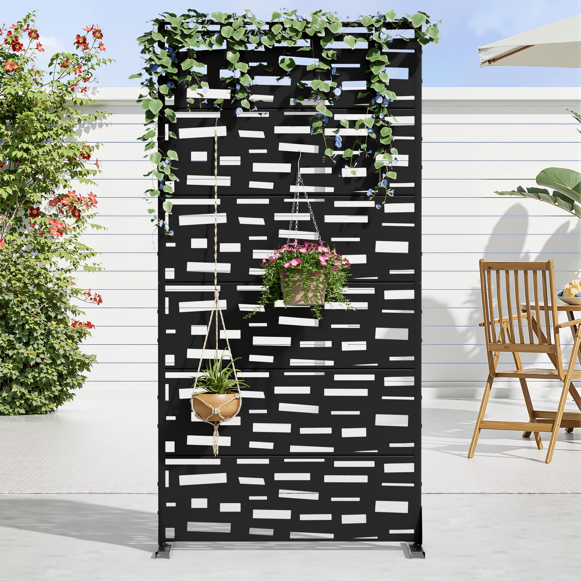 MAYEERTY 72 × 35in Outdoor Privacy Screen with Stand Metal Balcony Decorative Screen, Black