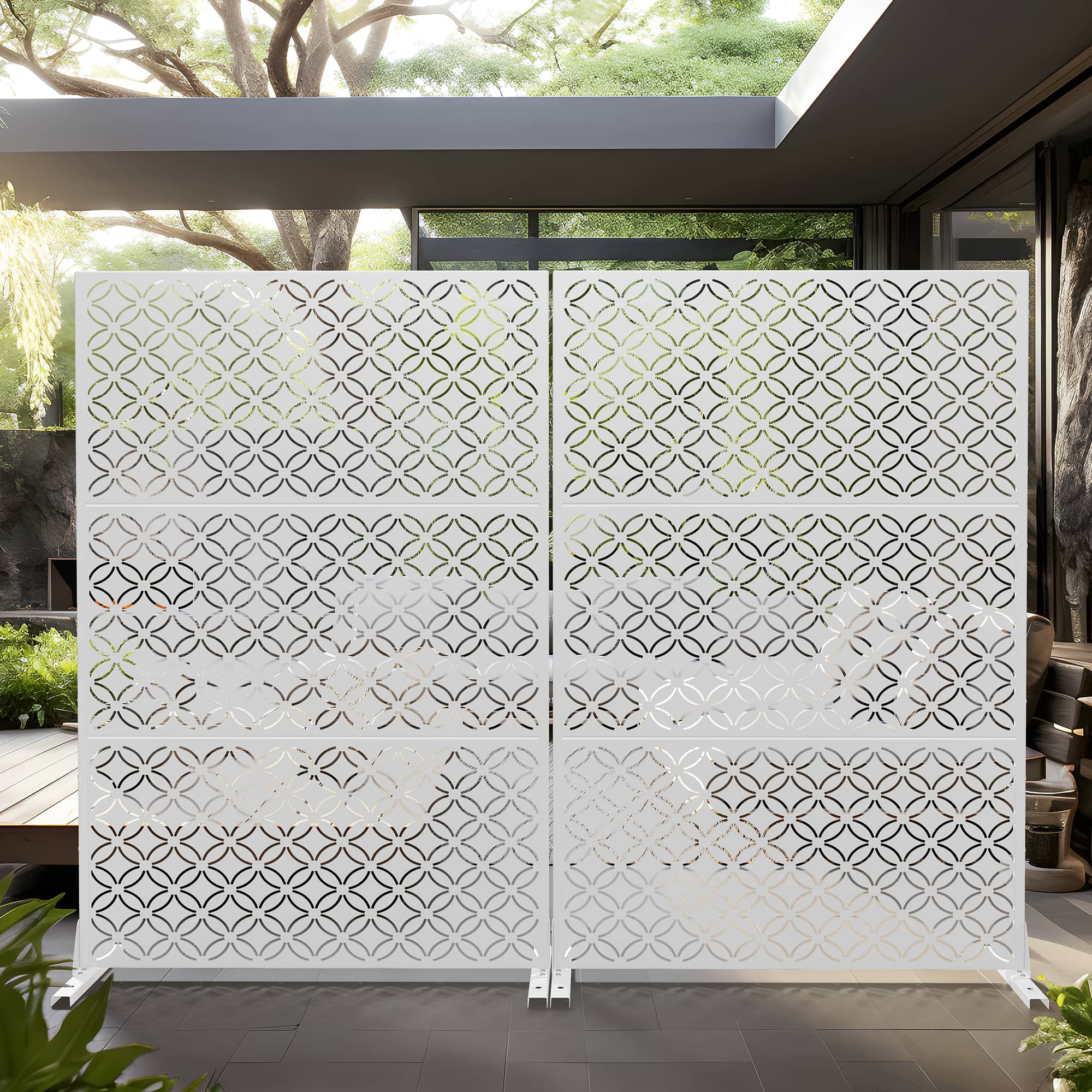 MAYEERTY 72" × 47" Outdoor Privacy Screen, 3 Panels Metal Decorative Screen, White