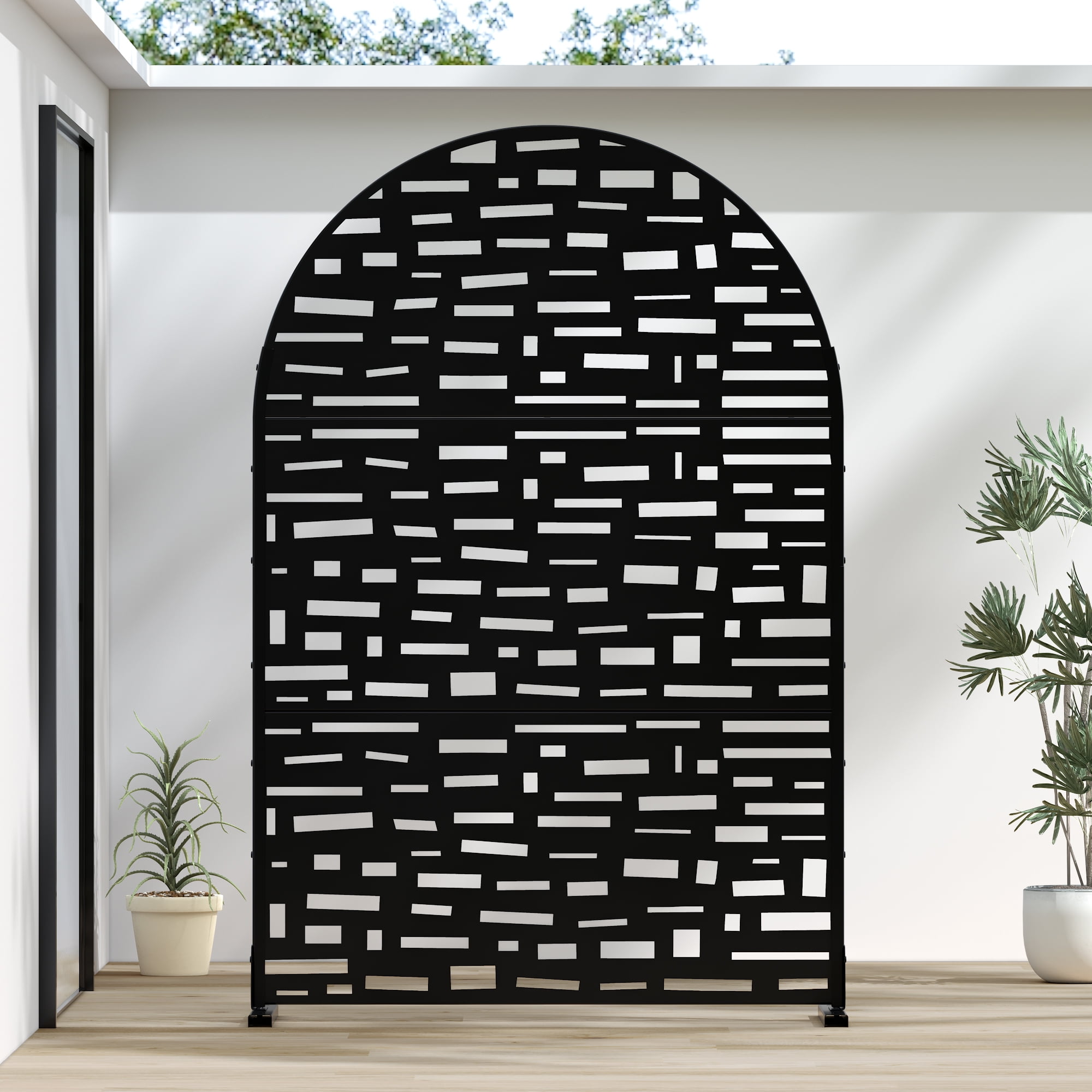 MAYEERTY 72 × 47in Arched Outdoor Privacy Screen with Stand, 3 Panels Metal Balcony Decorative Screen, Black
