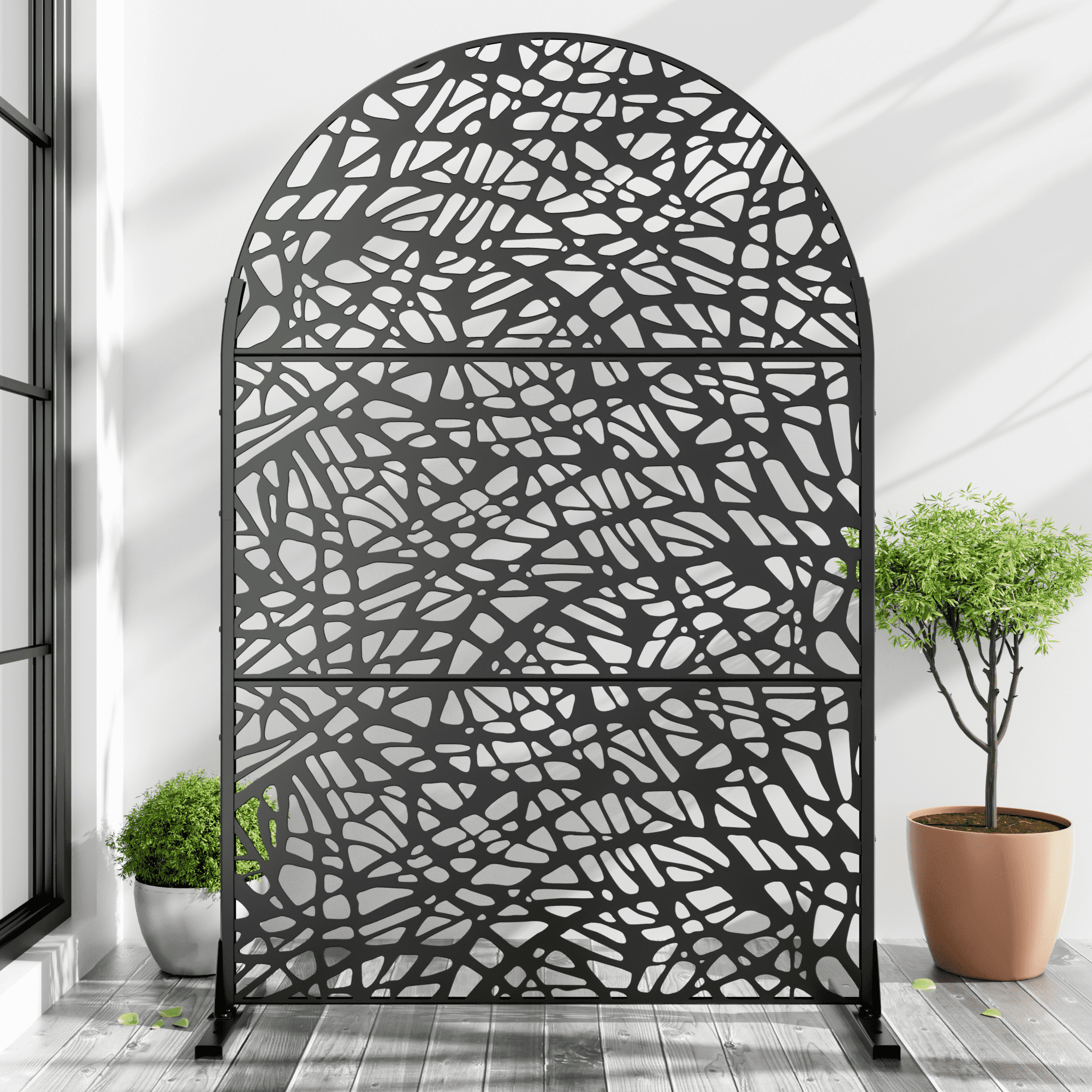 MAYEERTY 72 × 47in Arched Outdoor Privacy Screen with Stand, 3 Panels Metal Balcony Decorative Screen, Black