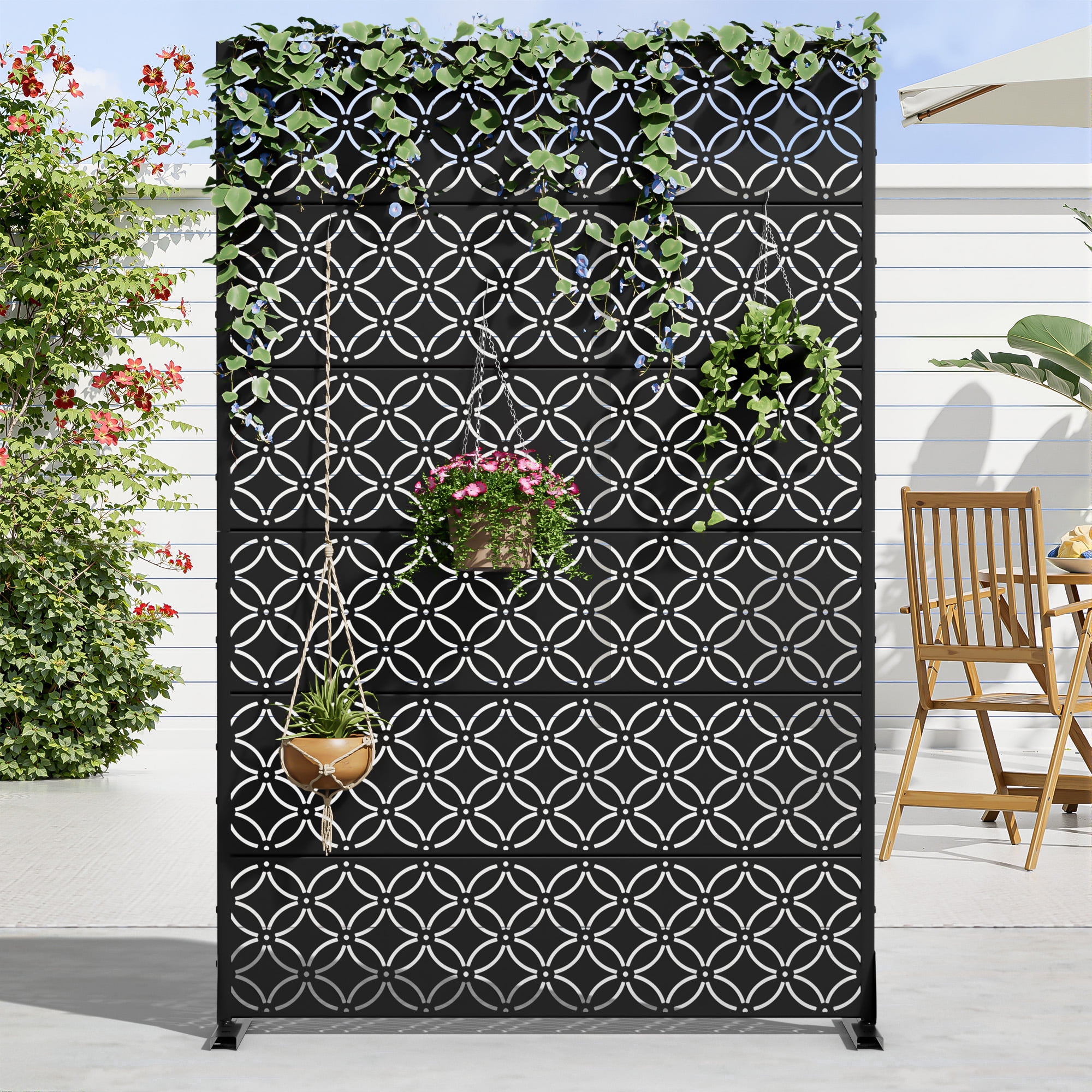 MAYEERTY 72 × 47in Outdoor Privacy Screen with Stand, 3 Panels Metal Balcony Decorative Screen, Black