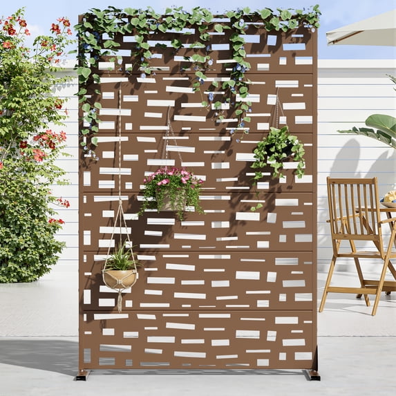 MAYEERTY 72 × 47in Outdoor Privacy Screen with Stand Metal Balcony Decorative Screen, Brown