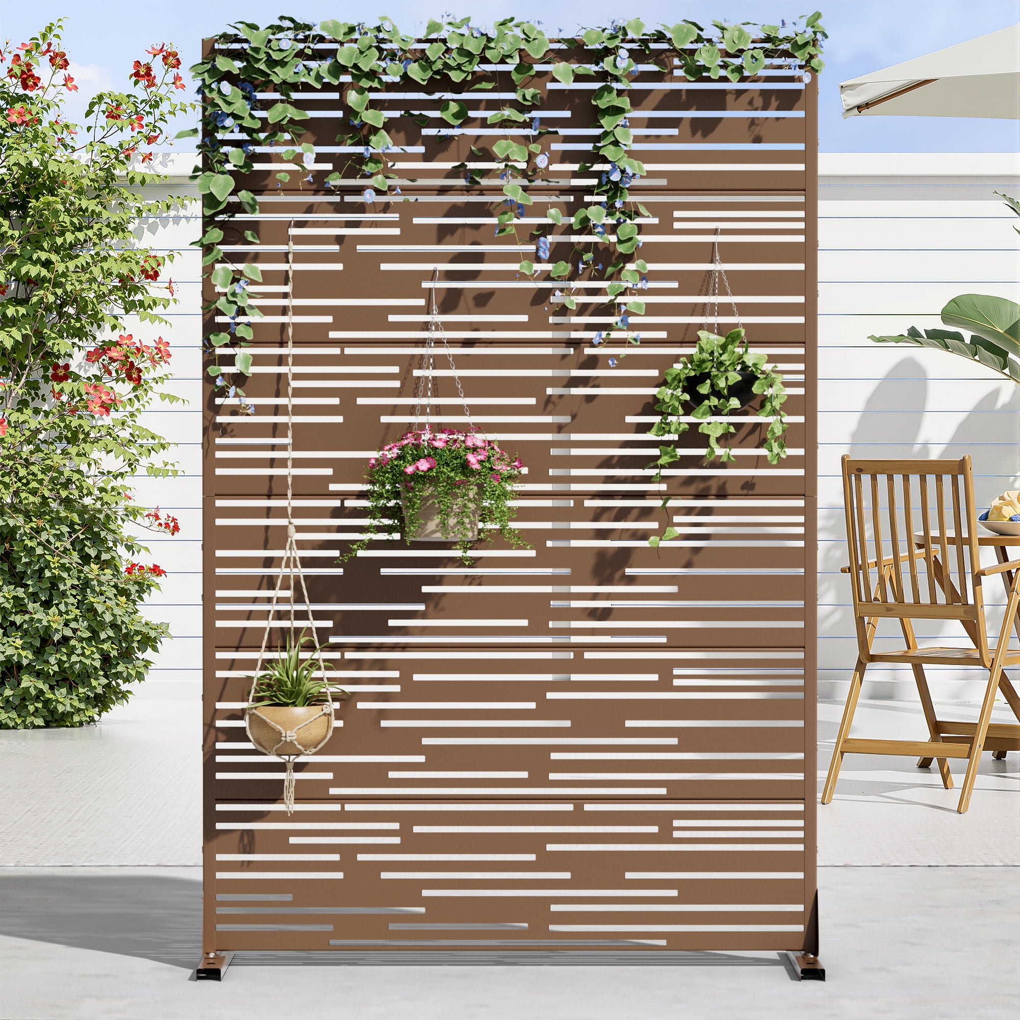MAYEERTY 72 × 47in Outdoor Privacy Screen with Stand Metal Balcony Decorative Screen, Brown