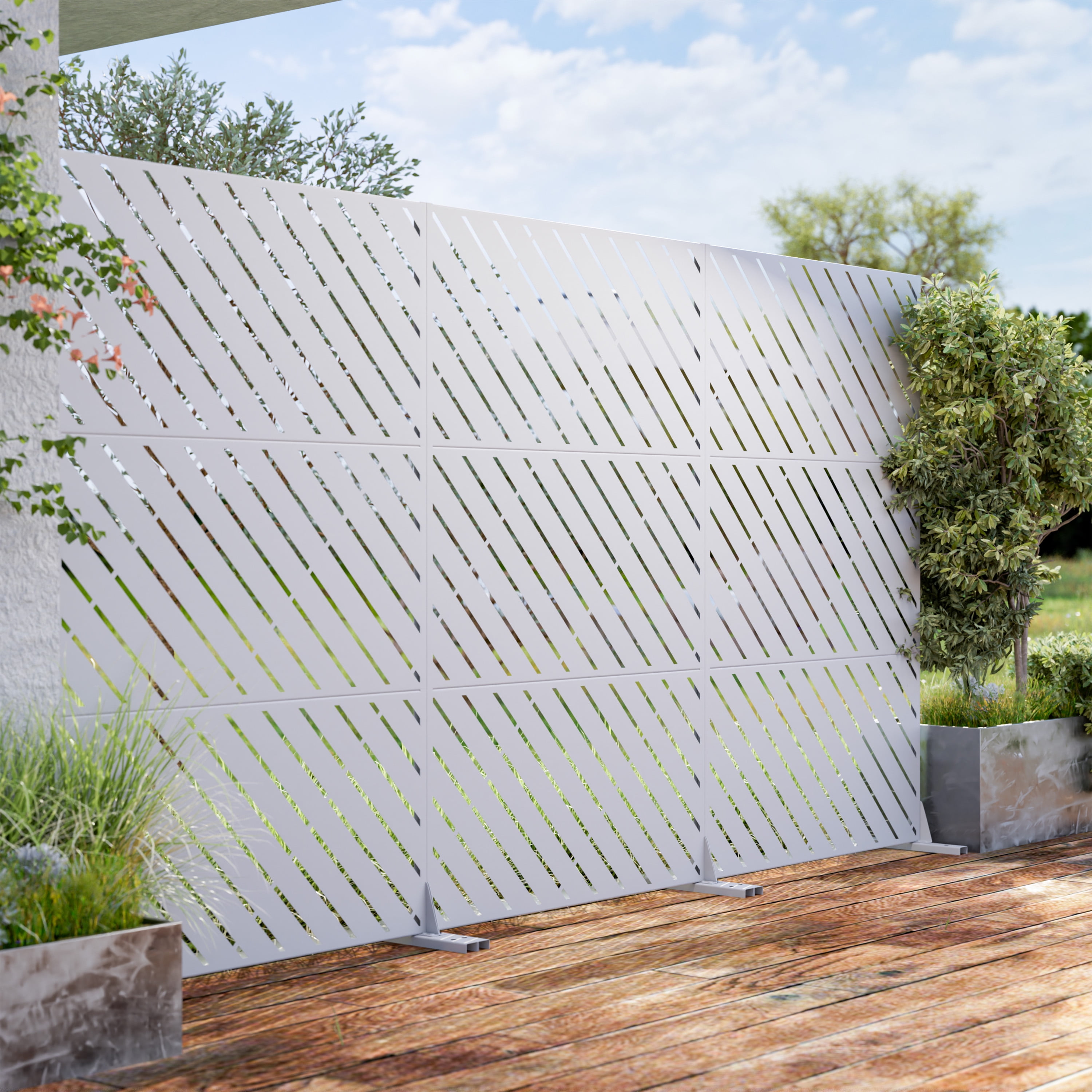 MAYEERTY 72"x47" Outdoor Privacy Screen with Stand, 3 Panels Metal Balcony Decorative Screen, White
