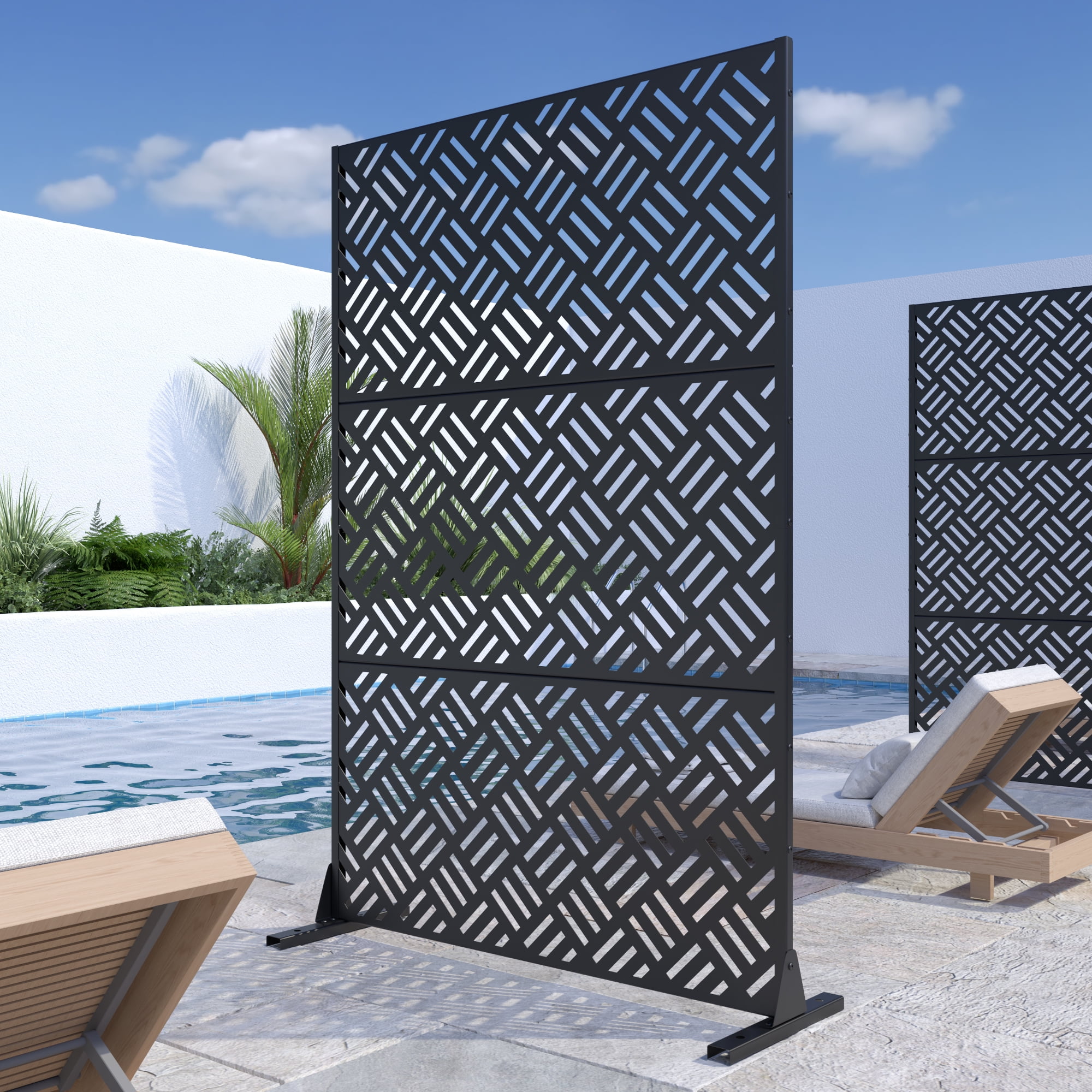 MAYEERTY 72"x47" Outdoor Privacy Screen with Stand Carl Metal Balcony Decorative Screen,Black