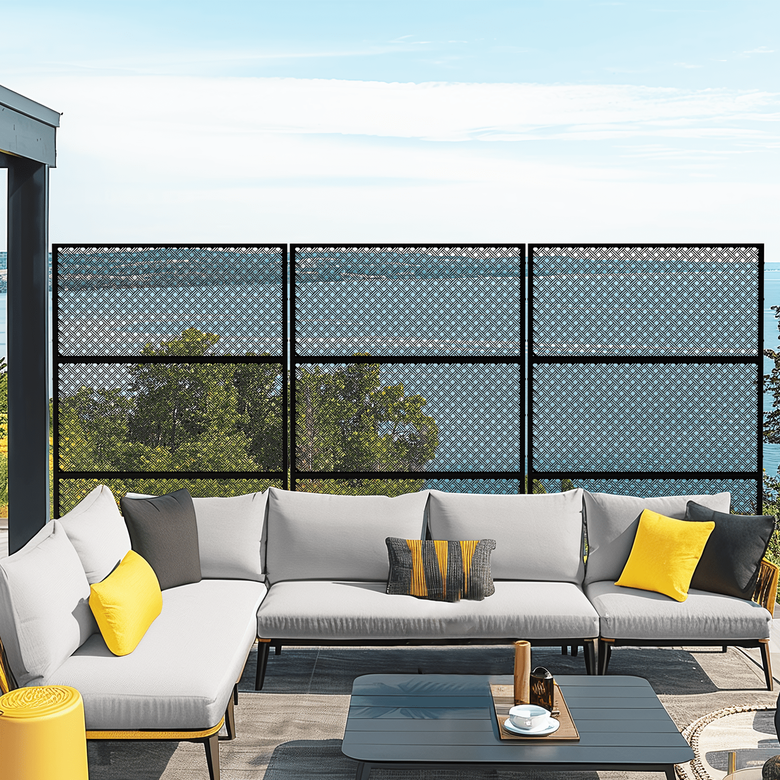 MAYEERTY 72"x47"x16" Outdoor Privacy Screen with Stand Metal Balcony Decorative Screen,Black