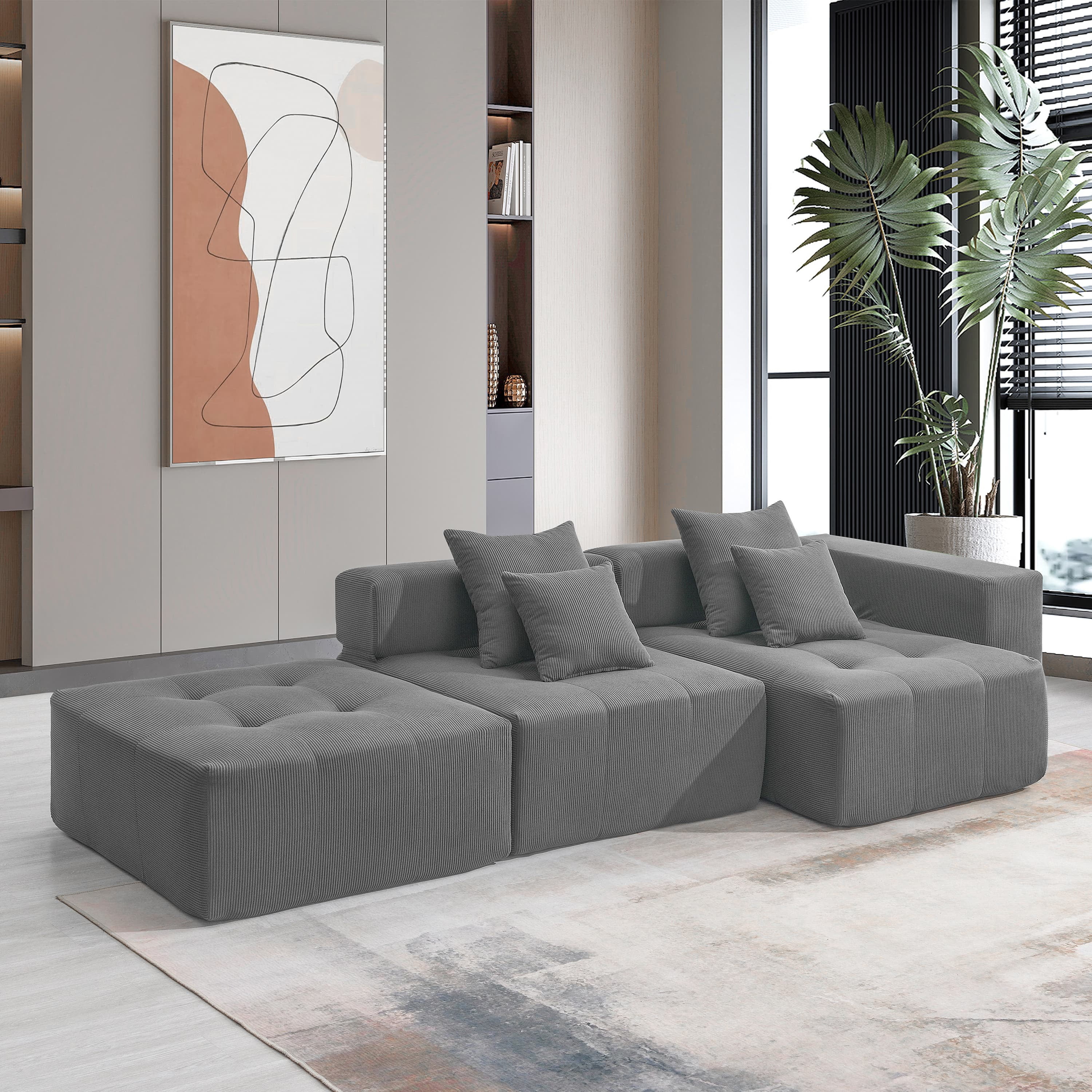 MAYEERTY 105.5" L-Shaped Modular Sectional Sofa - Minimalist Corduroy Compressed Couch, 3PC Free Combination No Assembly for Living Room, 3 Colors