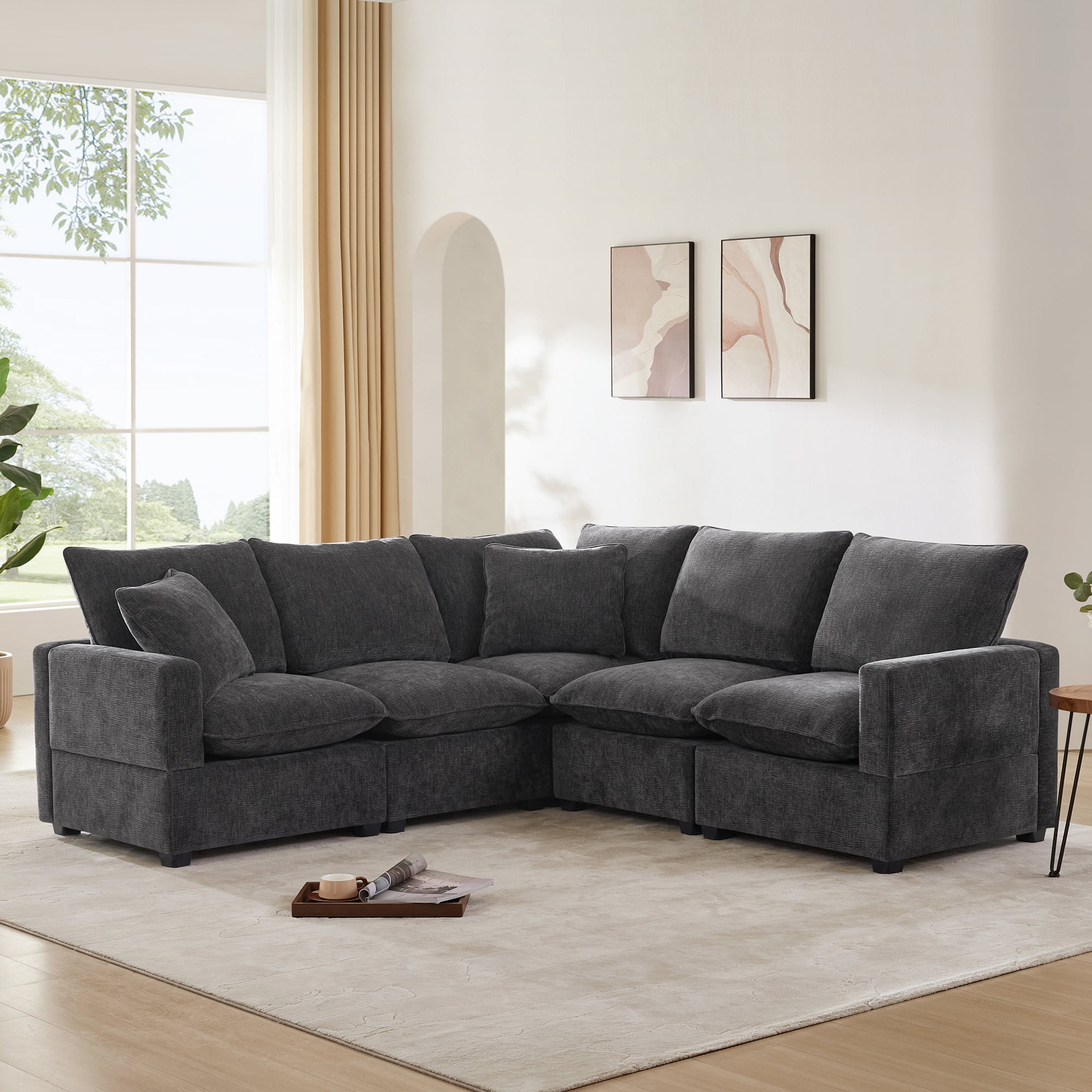 MAYEERTY 86x86" Modern L-Shaped Modular Sofa - 5-Seat Chenille Sectional with 2 Pillows, Freely Combinable for Living Room/Apartment/Office, 2 Colors
