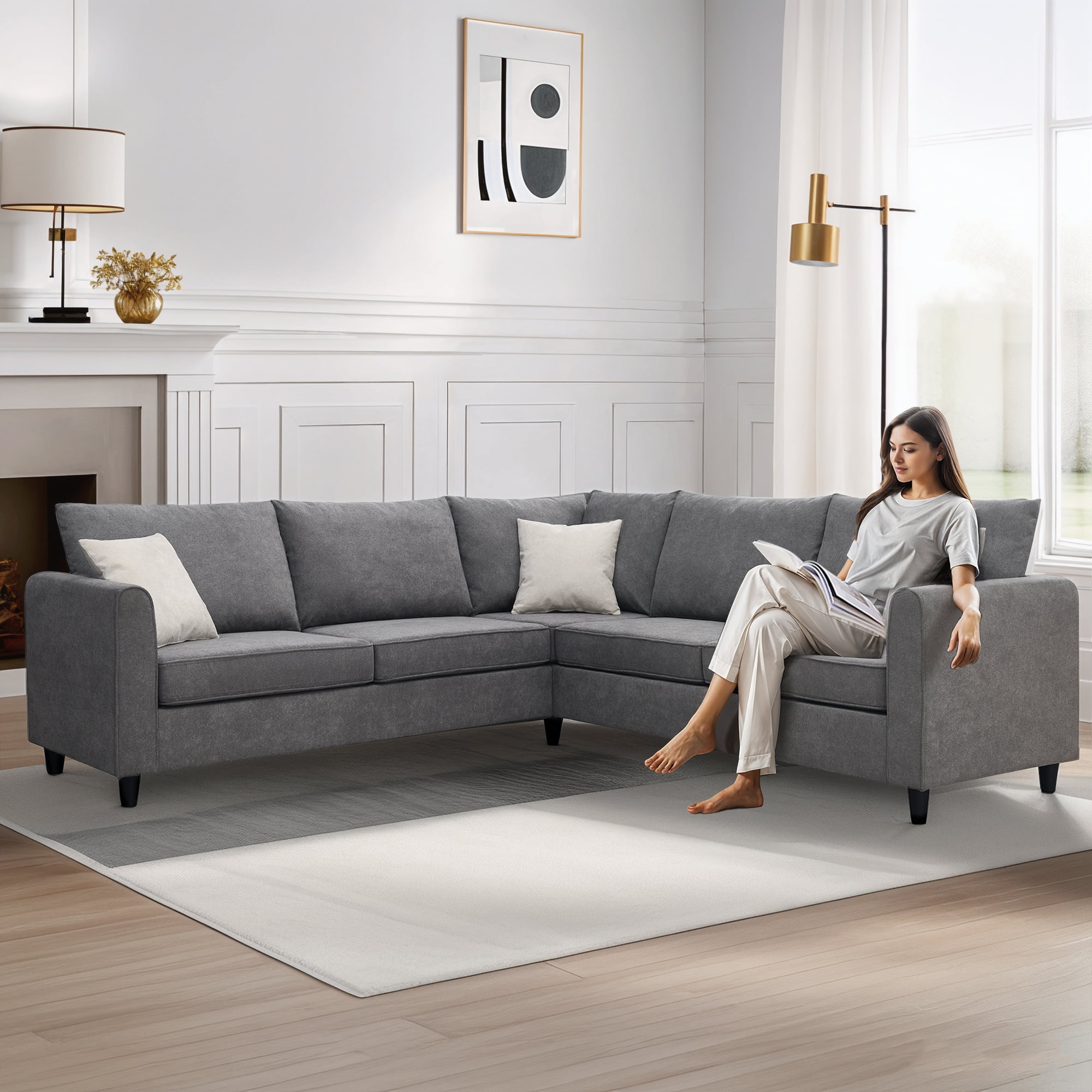 MAYEERTY 91x91" Modern Upholstered Sectional Sofa - L-Shaped Living Room Couch with 3 Pillows