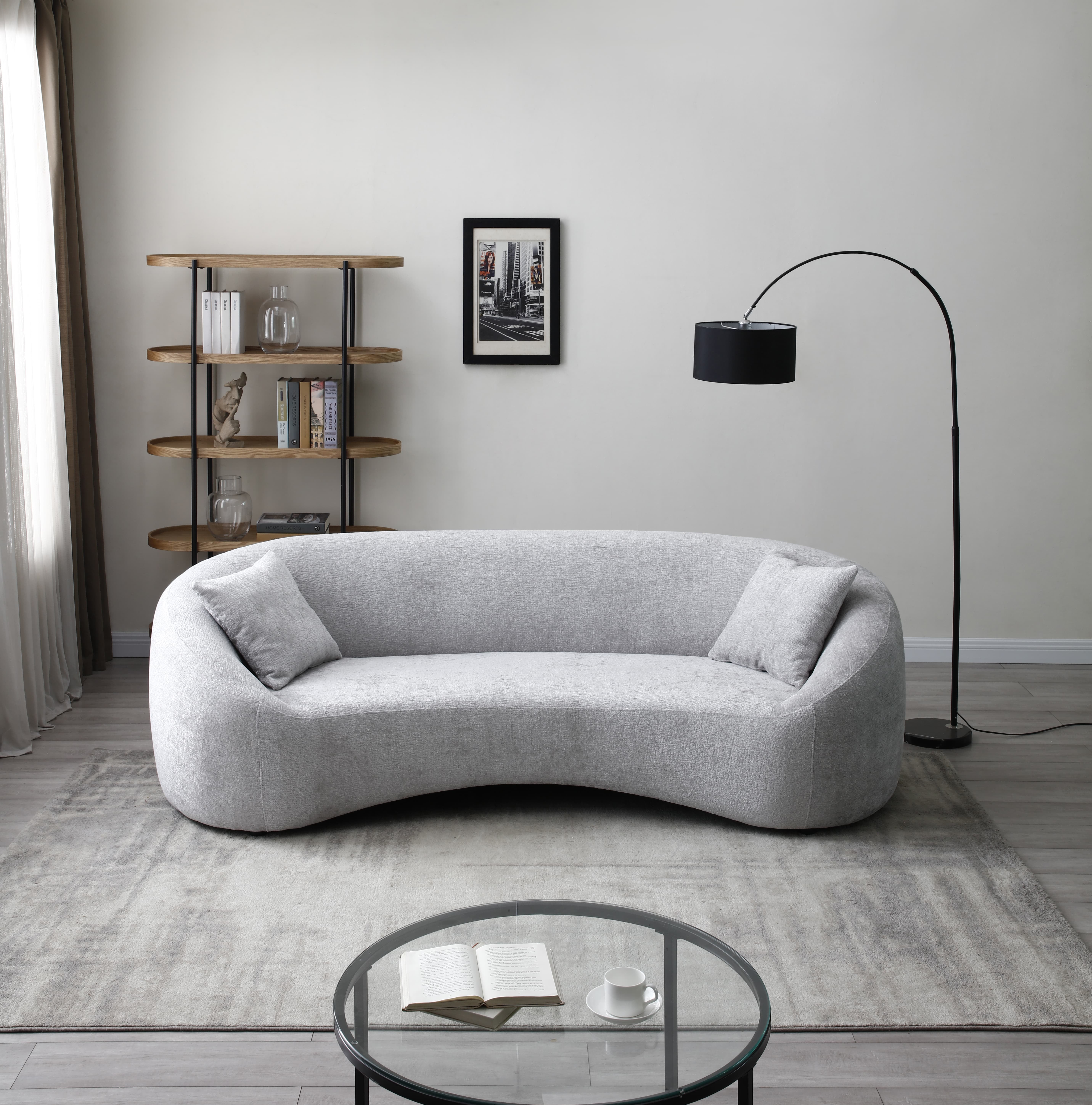 MAYEERTY 93.31" Minimalist Curved Sofa, 3 Seater, Chenille Velvet Fabric Upholstered Sofa, Tight Curved Back Velvet Cloud Couch for Living Room Apartment Office, Light Gray