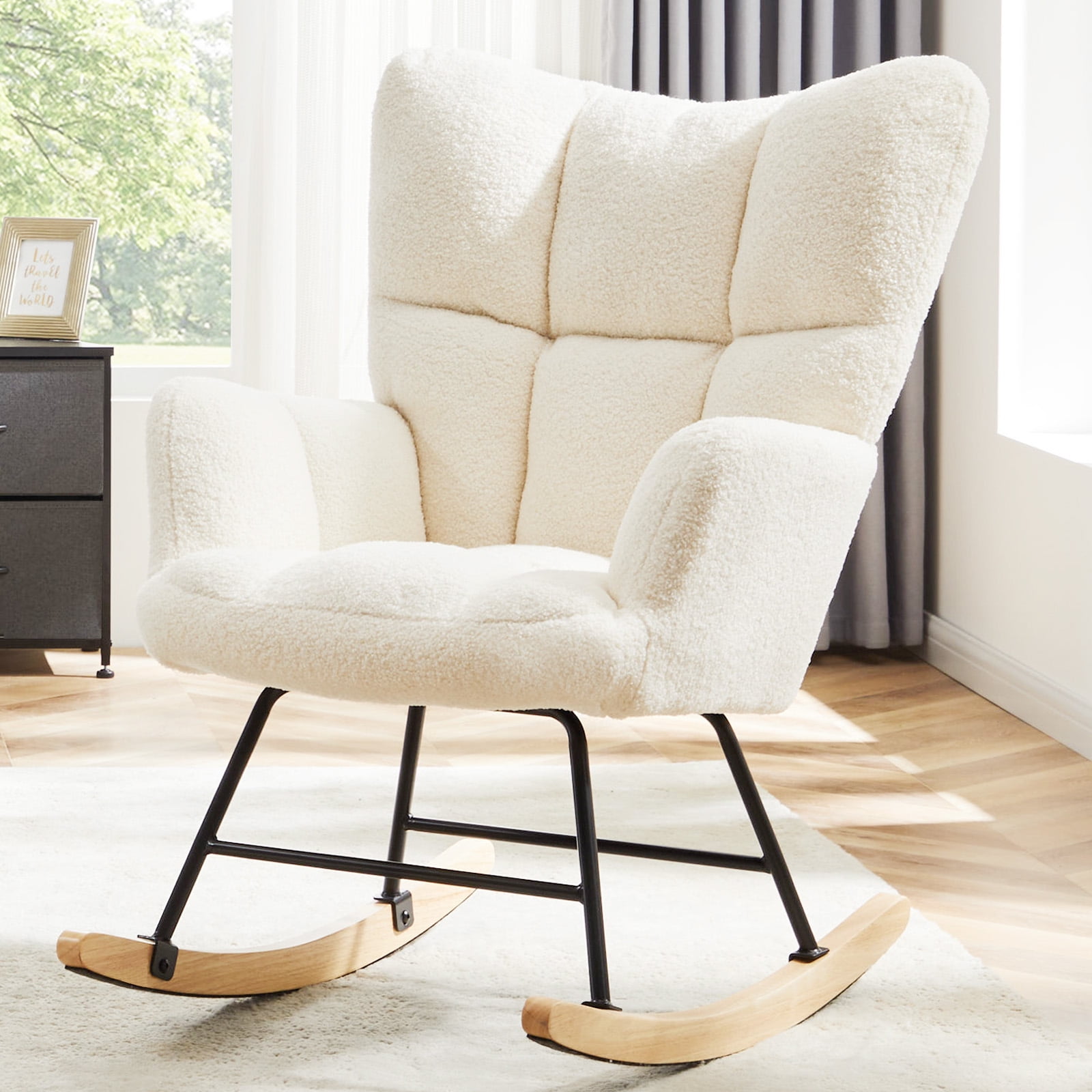 MAYEERTY Beige Nursery Rocking Chair Teddy, High Backrest, Comfortable Stylish with Padded Seat for Living Rooms, Bedrooms, Offices