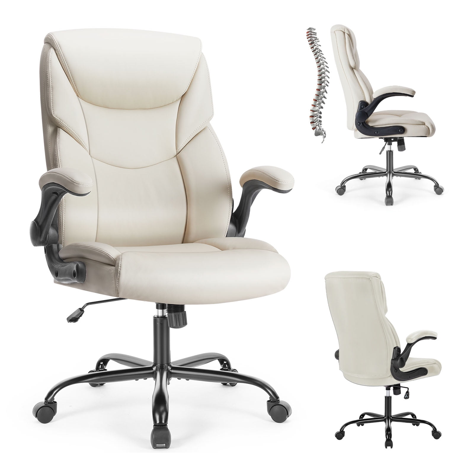 MAYEERTY Big and Tall Office Chair, Wide Seat Ergonomic Computer Desk Chair High Back Executive Leather Chair Adjustable Flip-up Armrest Design,White