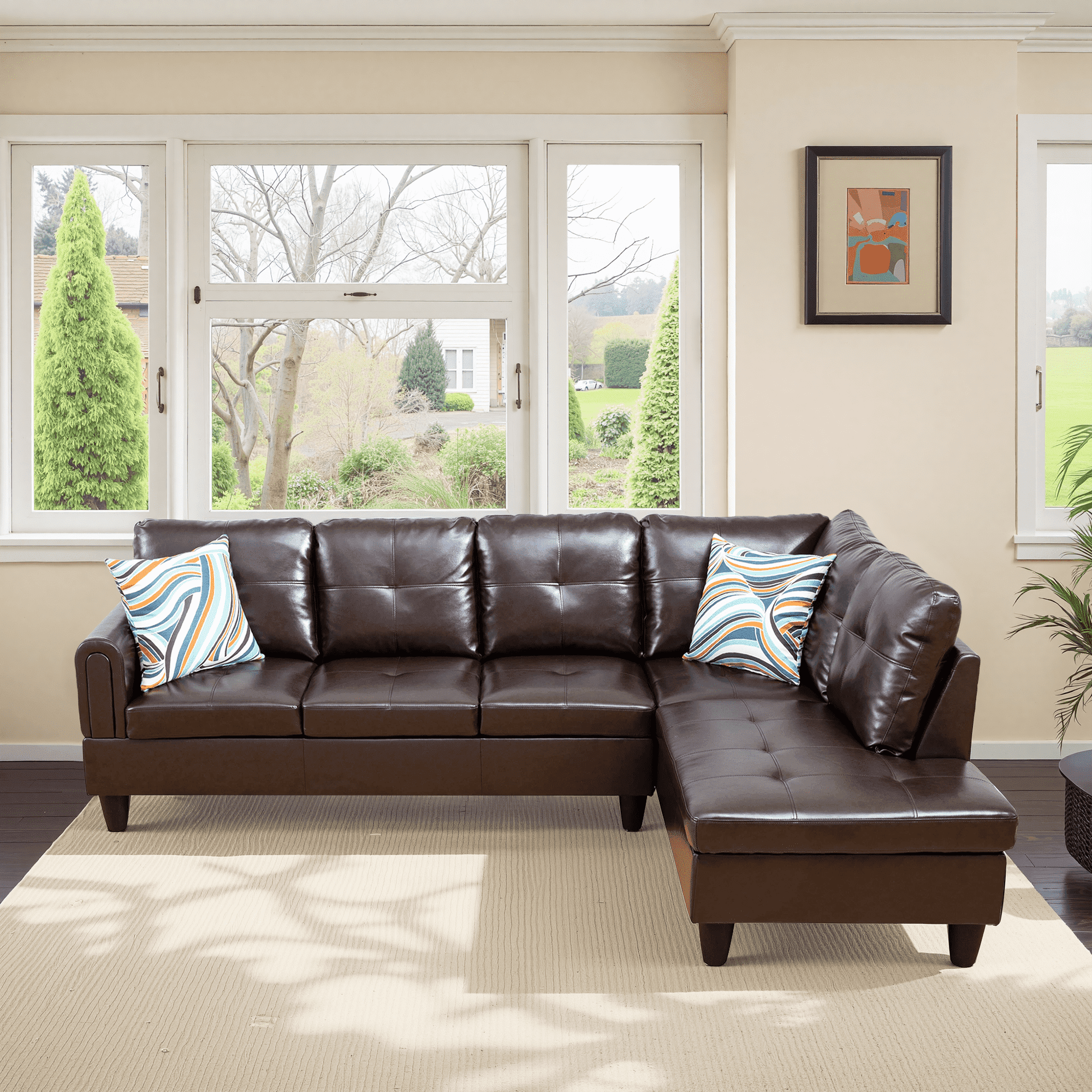 MAYEERTY 97" Modern 3-Piece Faux Leather Upholstery Sectional Couch for Living Room，Brown