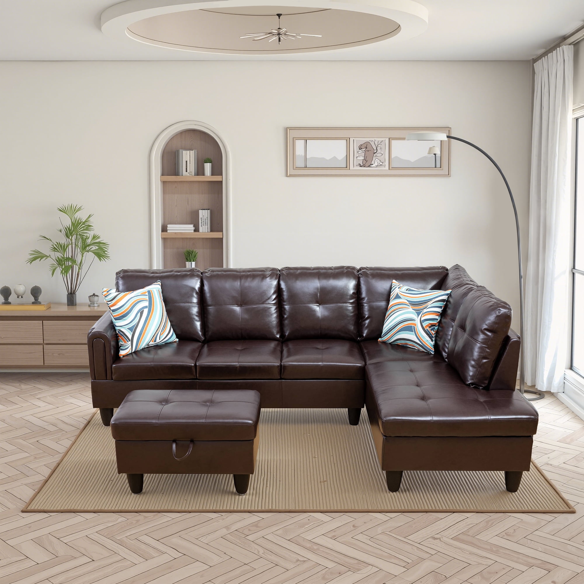 MAYEERTY 97" Modern 3-Piece Faux Leather Upholstery Sectional Couch for Living Room，Brown