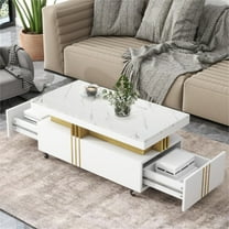 Dovelina Contemporary Coffee Table with Faux Marble Top, Rectangle Cocktail Table with Caster Wheels, Luxury Center Table with Gold Metal Bars for Living Room, White