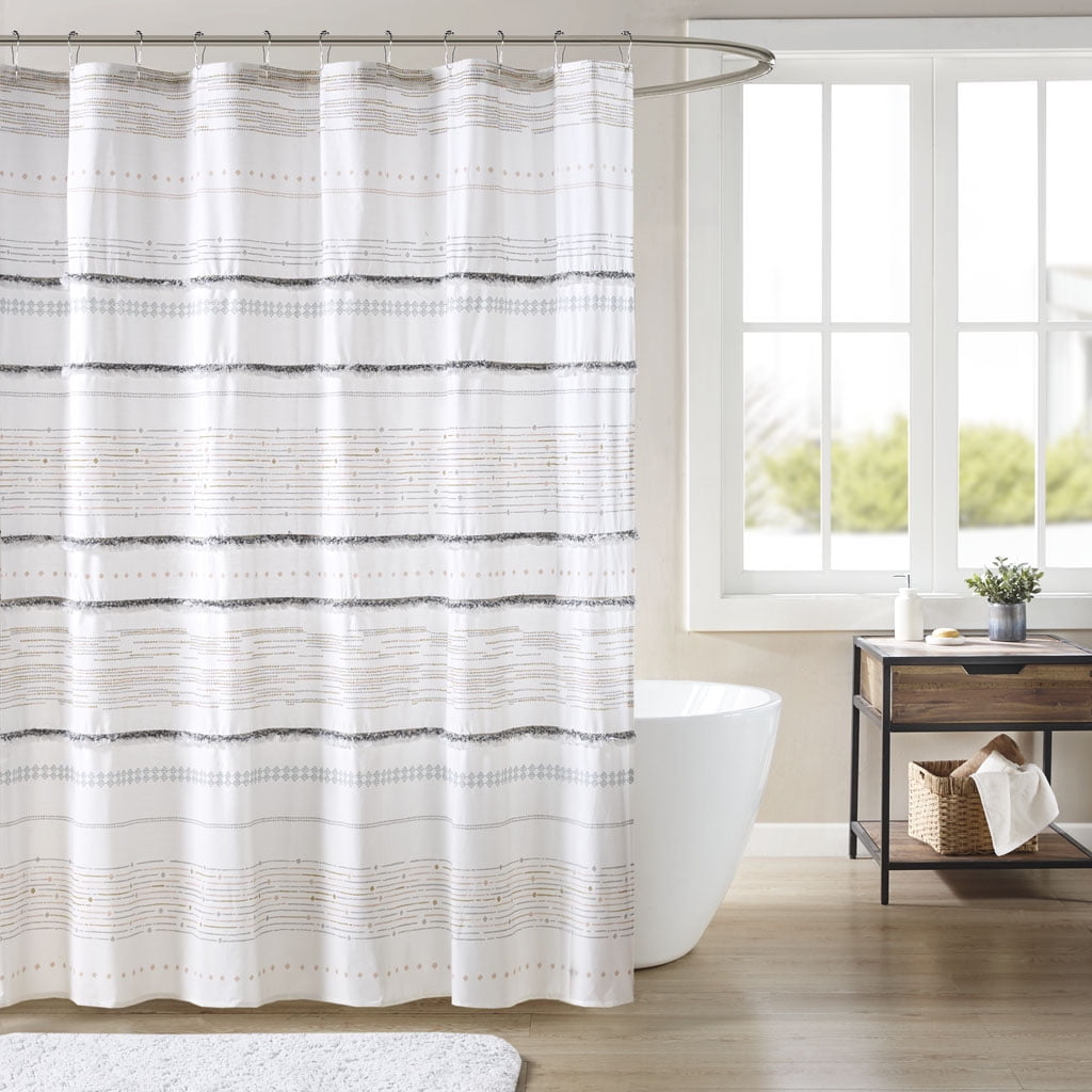 MAYEERTY Cotton Printed Shower Curtain, Off White+Gray，Bathroom Shower Curtains, 72" W x 72” H