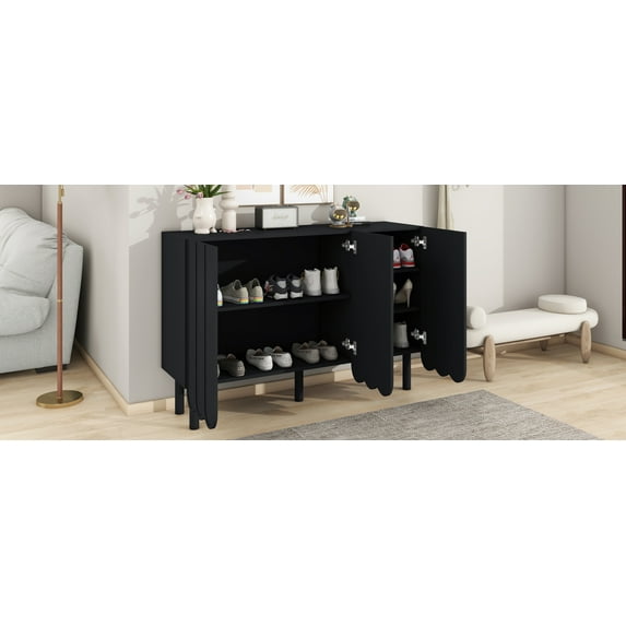 MAYEERTY Cream Style Minimalist Shoe Cabinet with 5 Solid Wood Legs, Sideboard Buffet Cabinet with Adjustable Shelves, Large Storage Cabinet with Wave Doors for Living Room, Black
