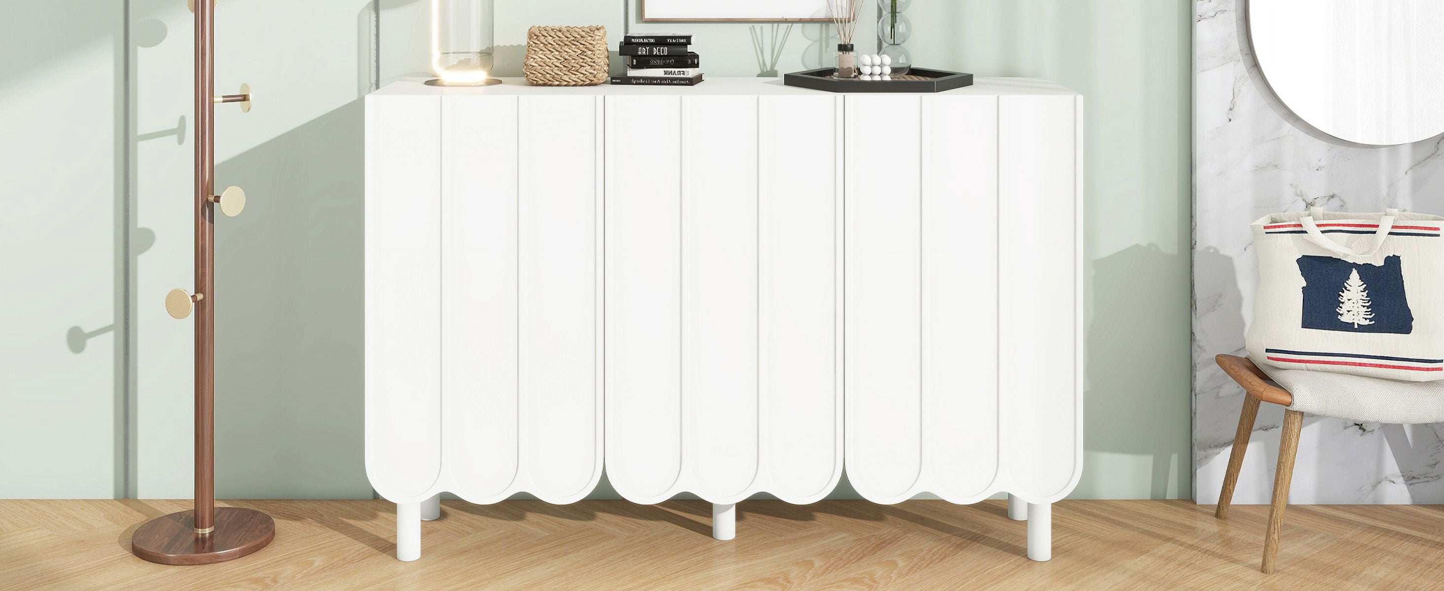 MAYEERTY Cream Style Minimalist Shoe Cabinet with 5 Solid Wood Legs, Sideboard Buffet Cabinet with Adjustable Shelves, Large Storage Cabinet with Wave Doors for Living Room, White