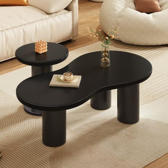 Dovelina Easy Assembly Nesting Coffee Table Set of 2, Cream Cloud Coffee Table & Round Side Table, Irregular Modern Center Table with Thick Legs for Living Room, Black, 39.3" x 13.7", 15.7"
